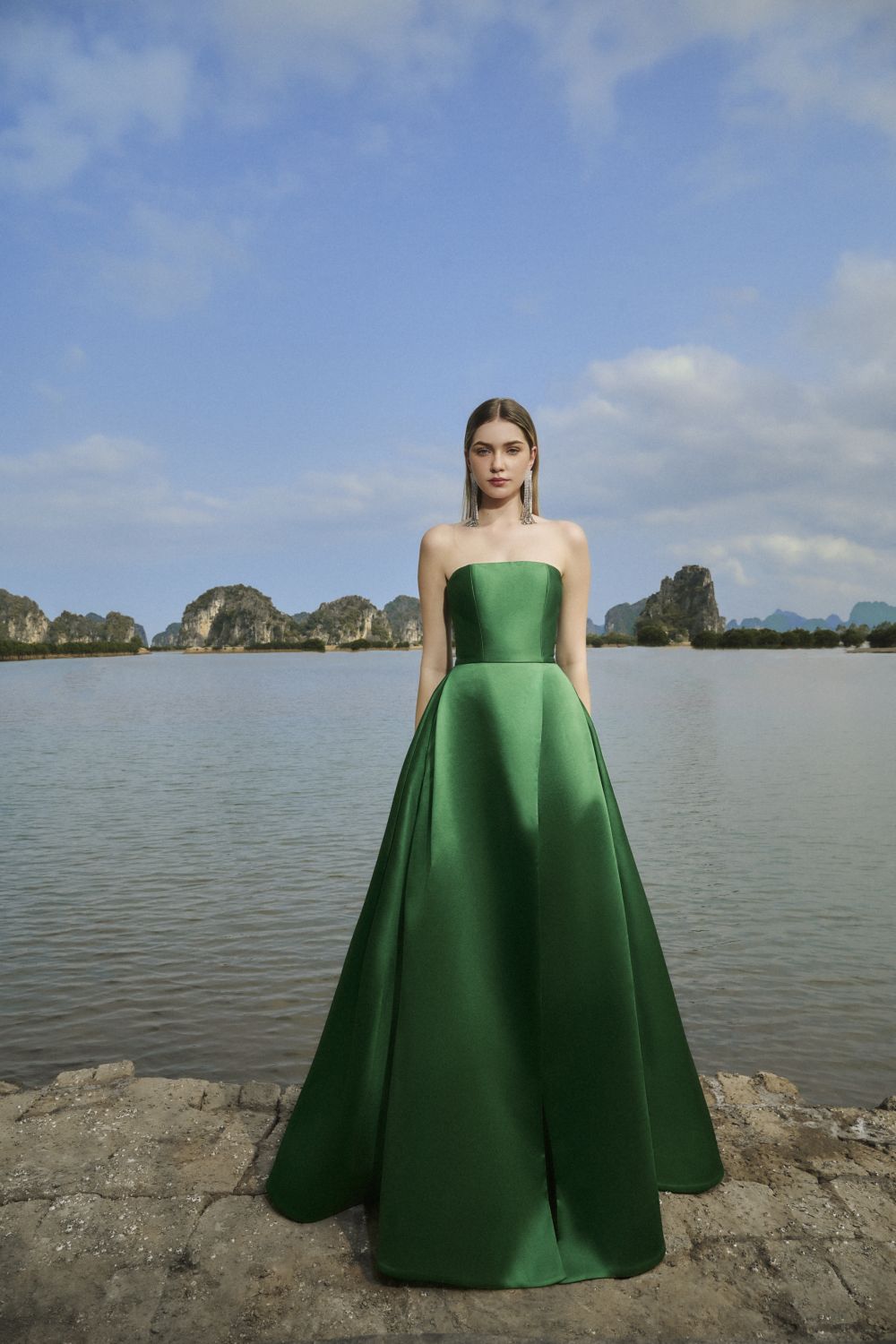 Clara Ball Gown Straight Across Neck Taffeta Maxi Dress