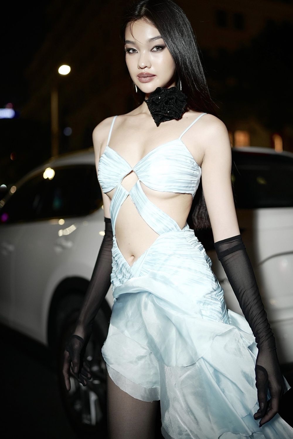 Lena Asymmetric Cut-Out Chiffon Mini Dress