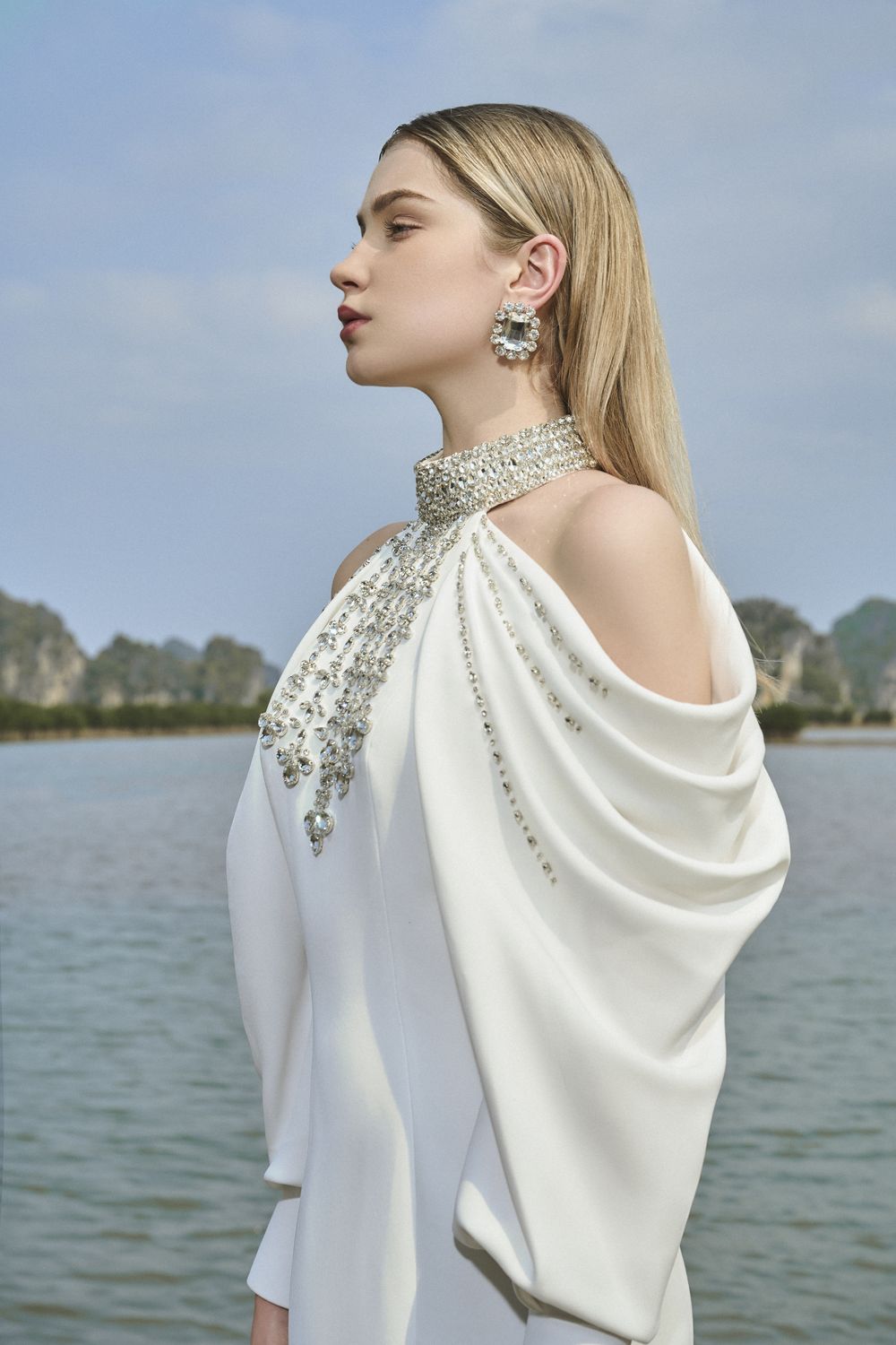 Adelina Sheath Halter Neck Satin Maxi Dress