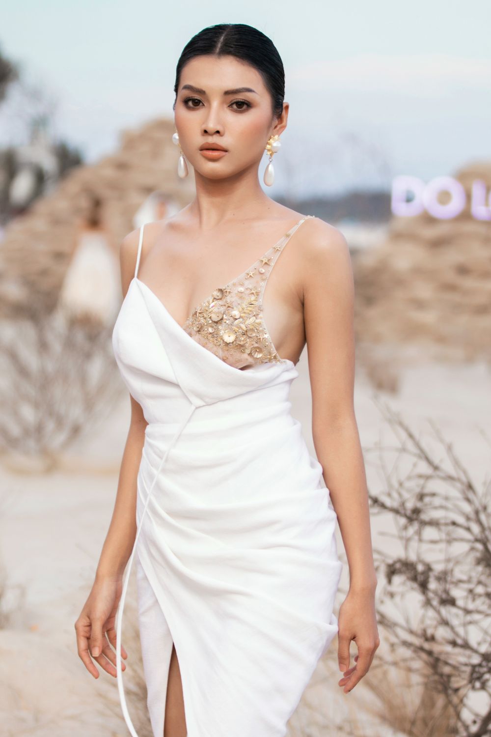 Natalie Slit Draped Cotton Mesh Midi Dress