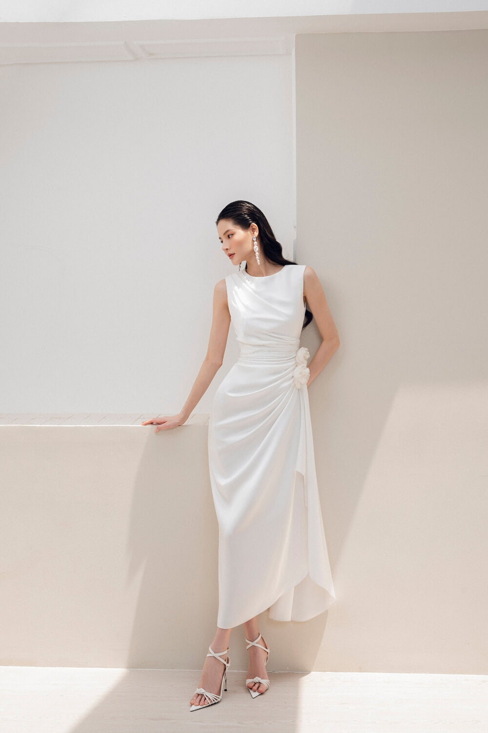 Kaytlyn Gathered Sleeveless Silk Satin Midi Dress