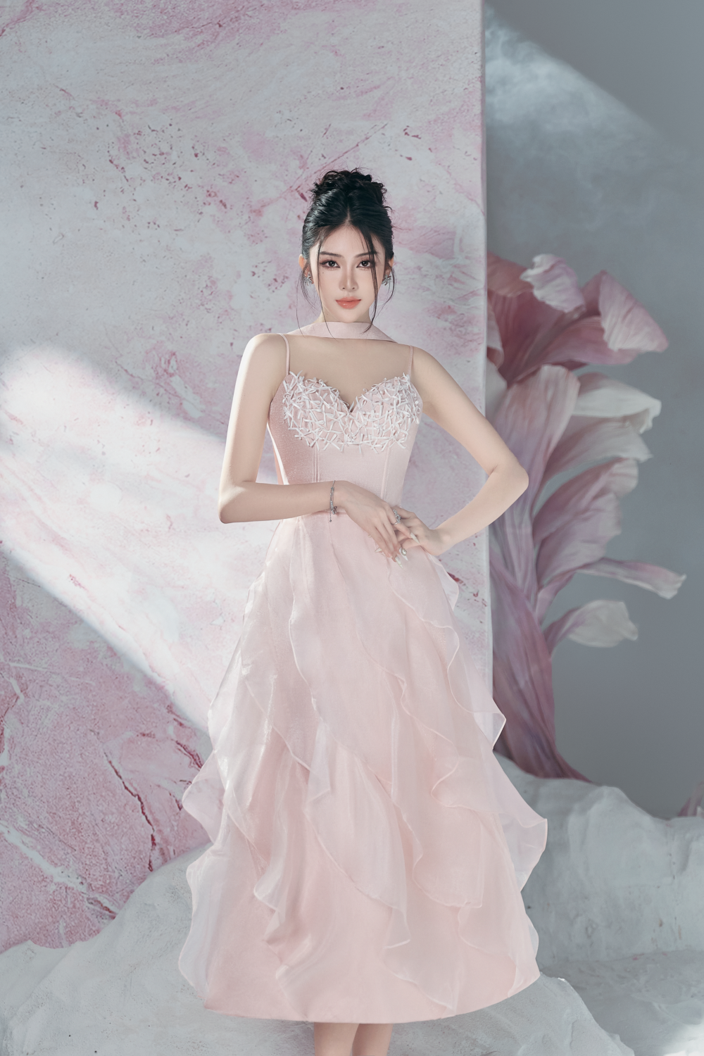 Nova A-line Ruffle Layer Taffeta Midi Dress