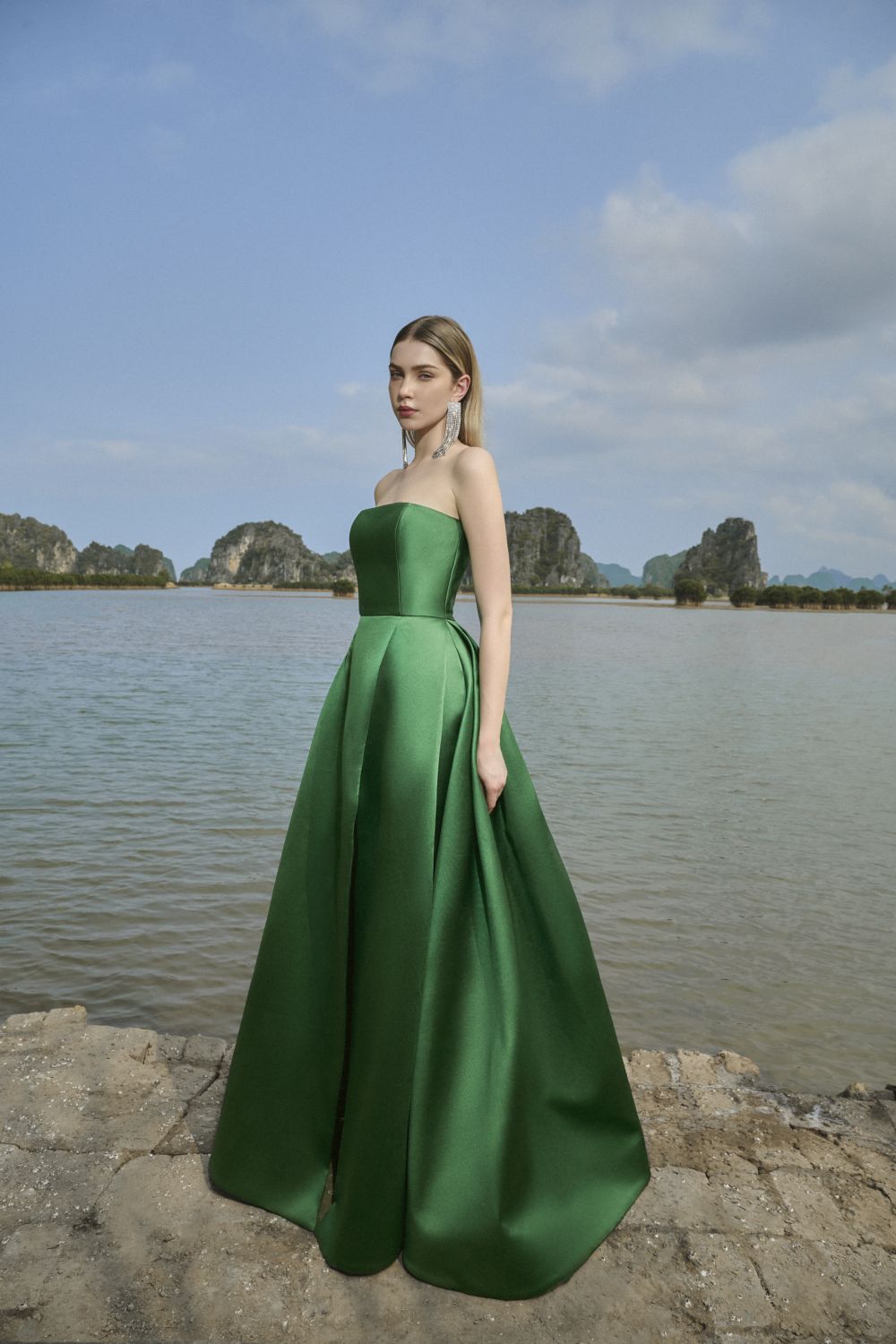 Clara Ball Gown Straight Across Neck Taffeta Maxi Dress