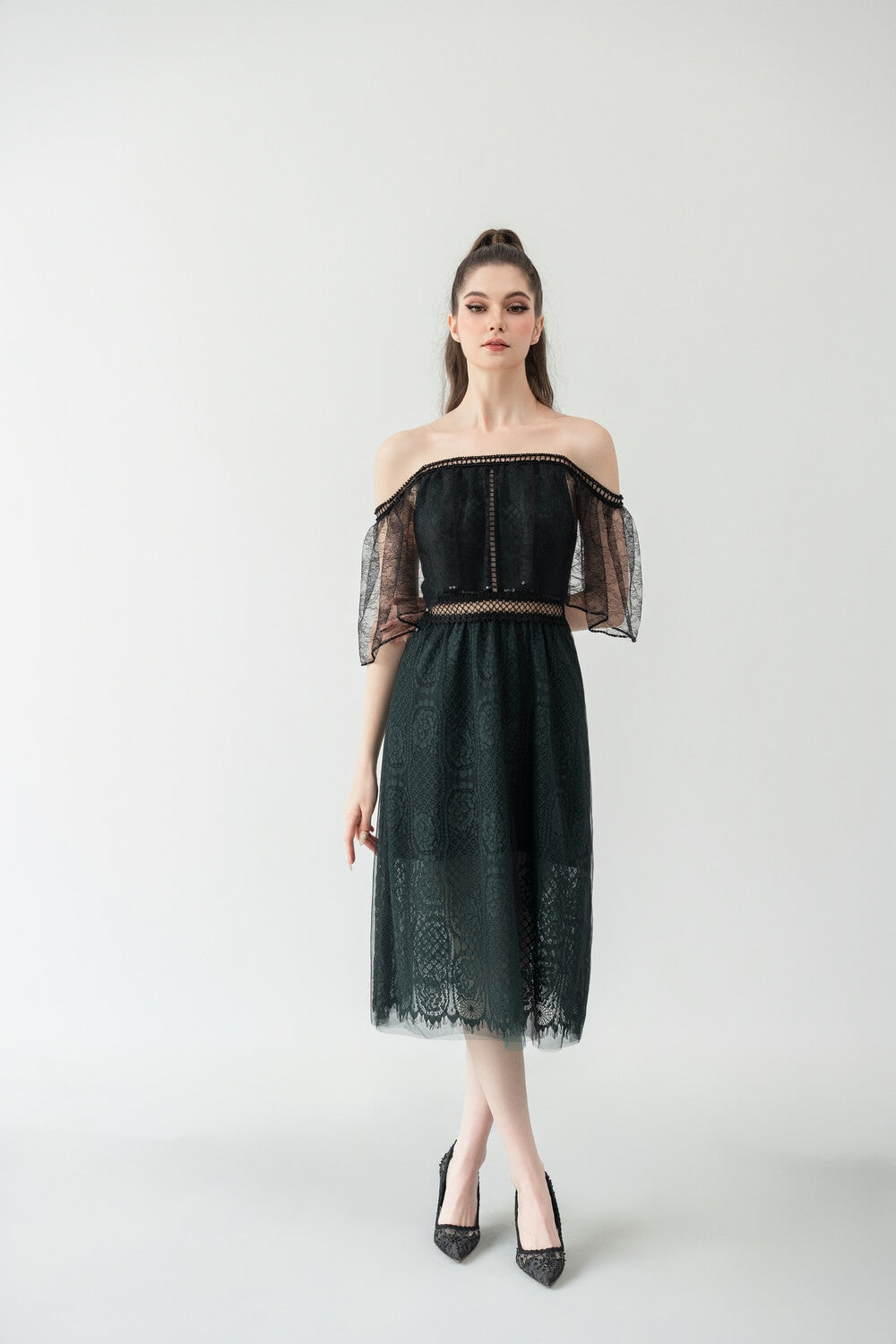 Lauren Straight Off-Shoulder Lace Midi Dress