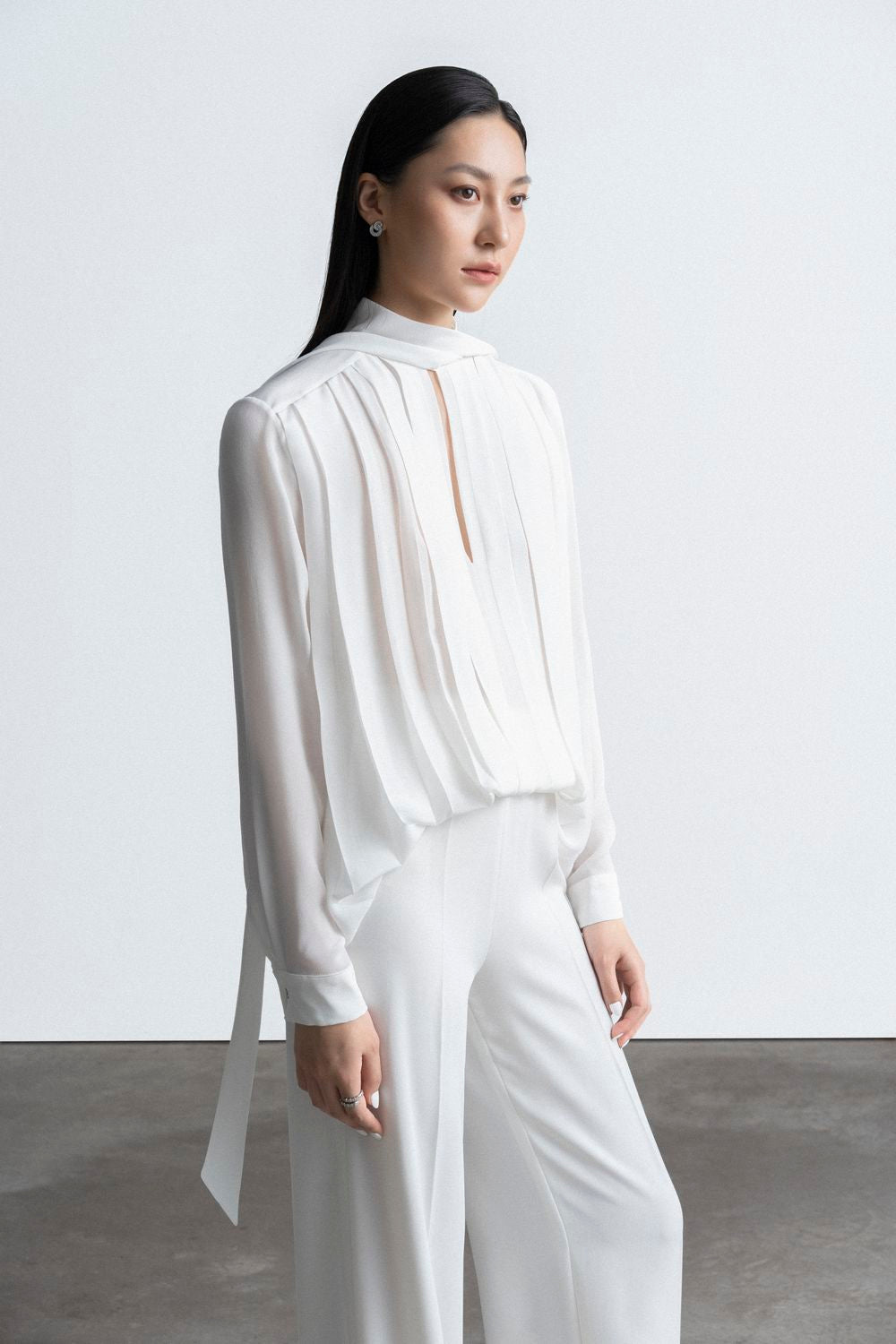 Dixie Pleated Long Sleeved Crepe De Chine Top