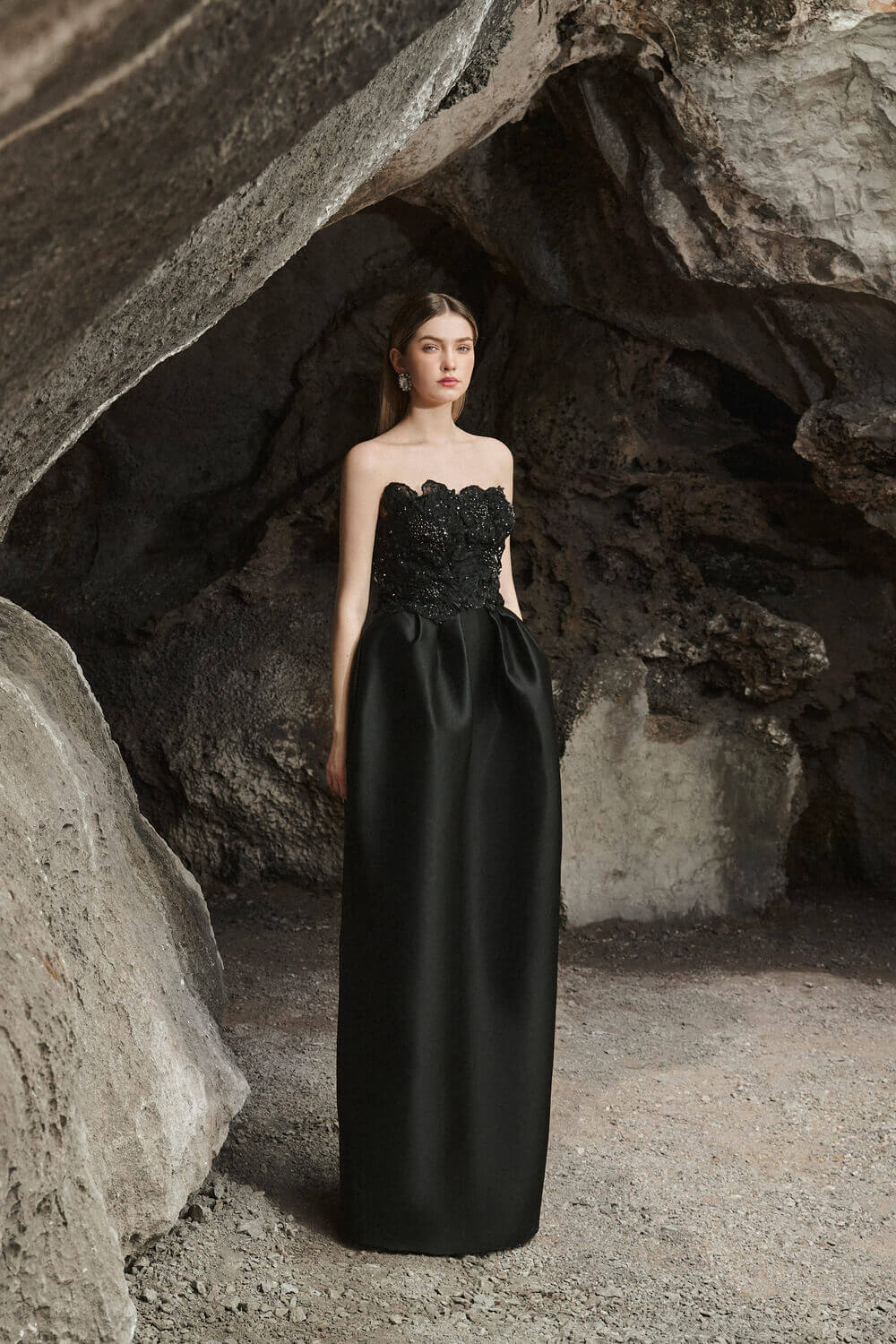 Paris Pegged Straight Across Neck Taffeta Maxi Dress