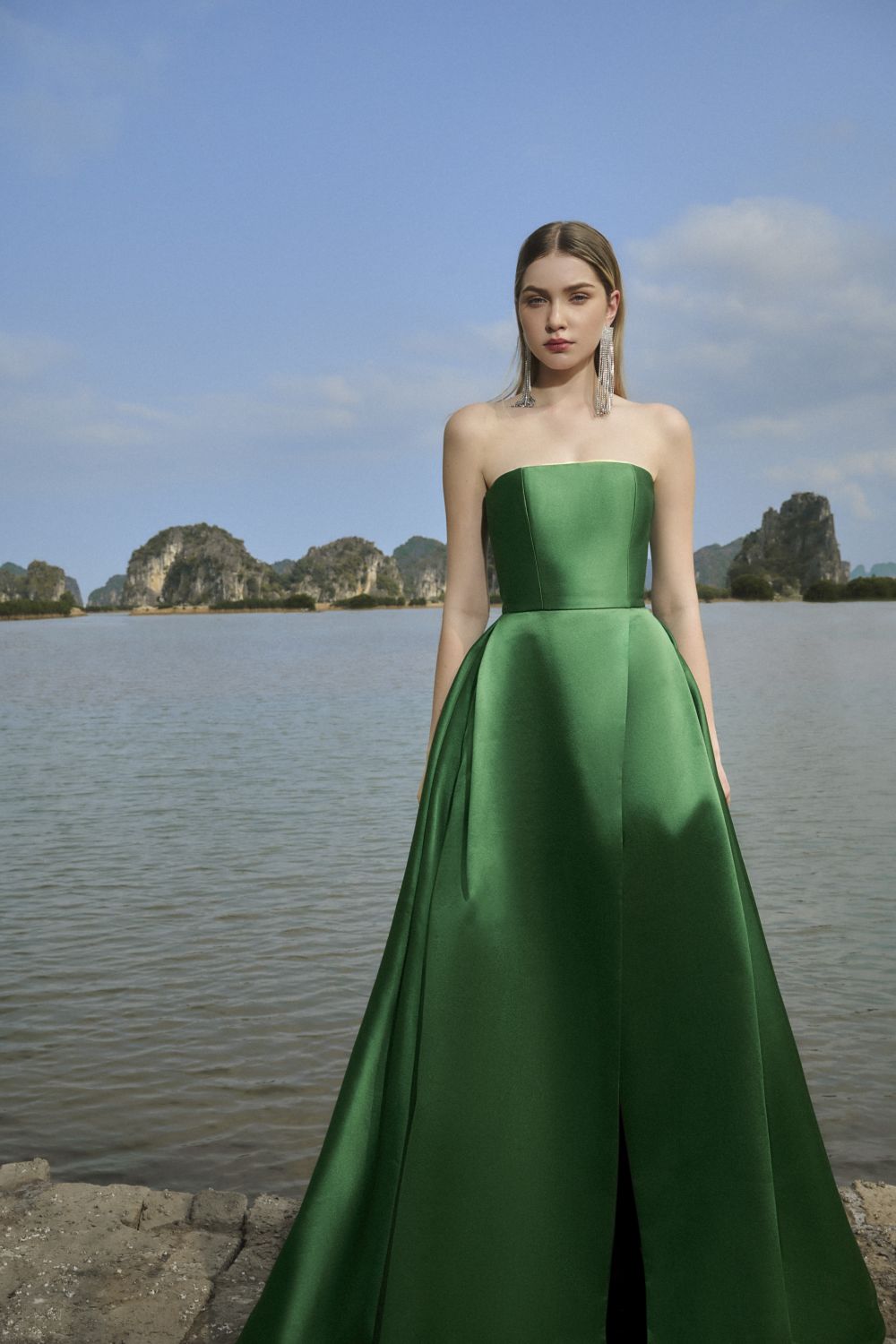 Clara Ball Gown Straight Across Neck Taffeta Maxi Dress