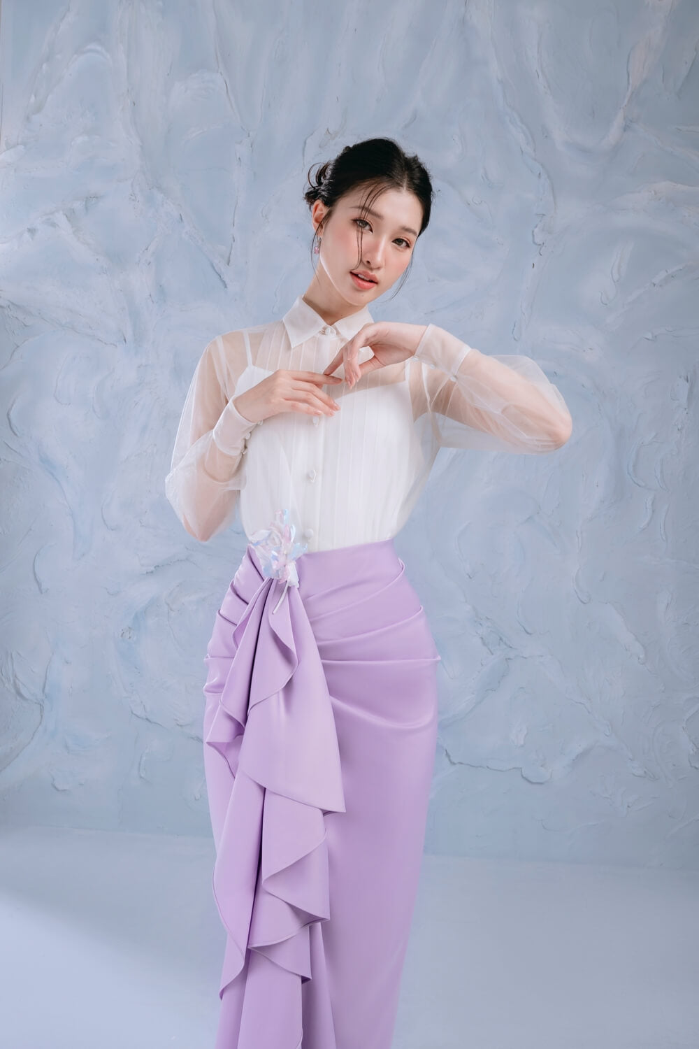 Lavender Sarong Ruffled Silk Midi Skirt