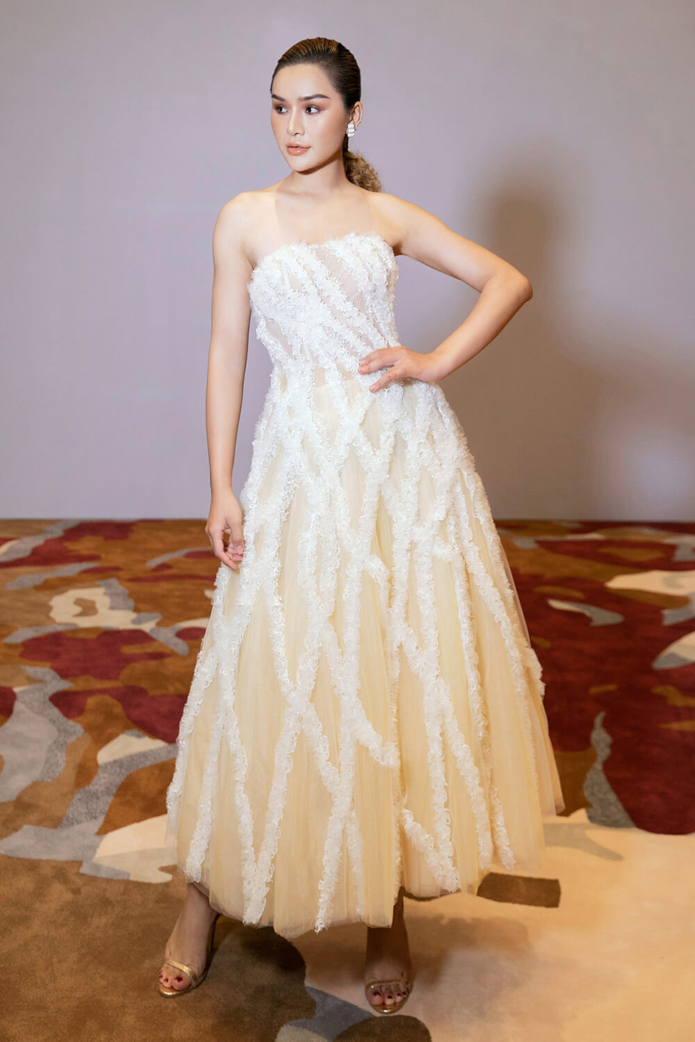 Maya Flared Straight Across Neck Mesh Midi Dress