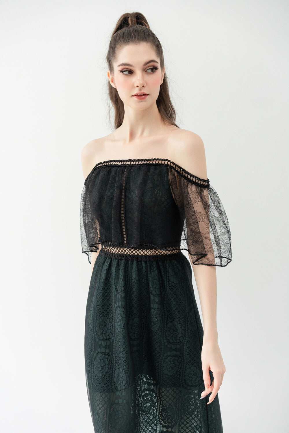 Lauren Straight Off-Shoulder Lace Midi Dress