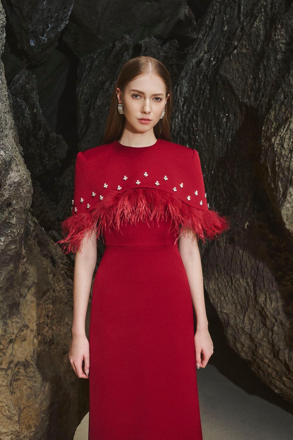 Navy Sheath Cape Shoulder Taffeta Midi Dress