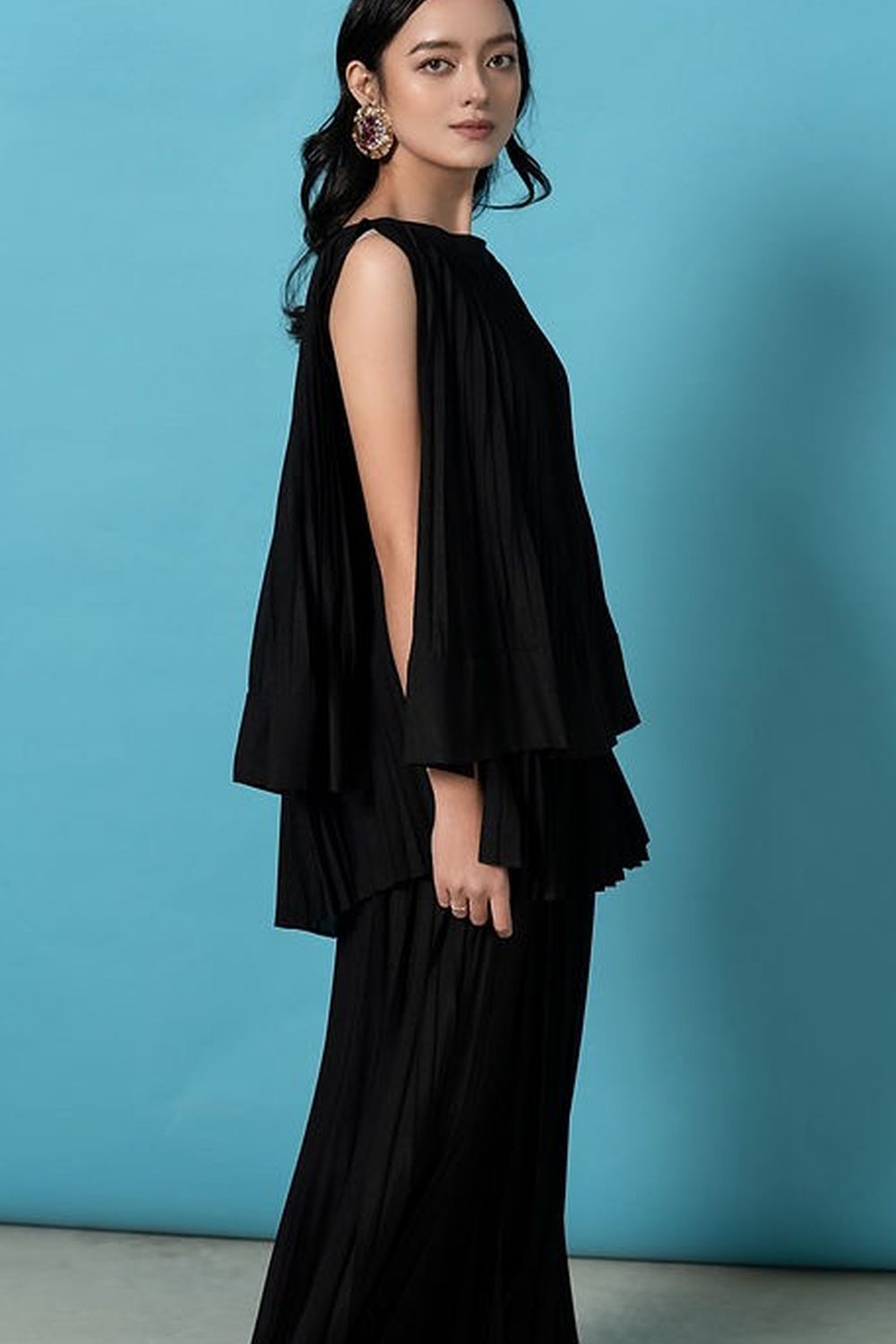 Andrea Pleated Flared Polyester Top