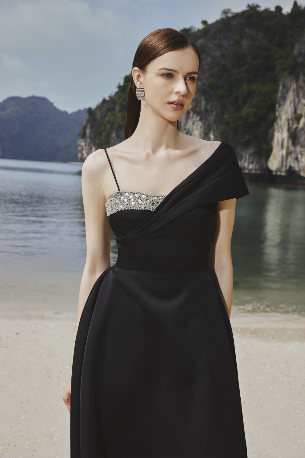 Charlotte A-line Asymmetric Taffeta Midi Dress