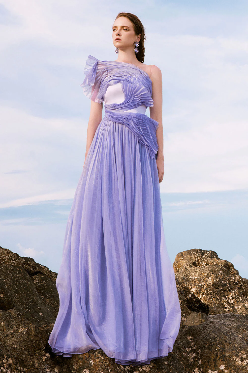 Vivian Gathered Illusion Neck Silk Satin Floor Length Dress