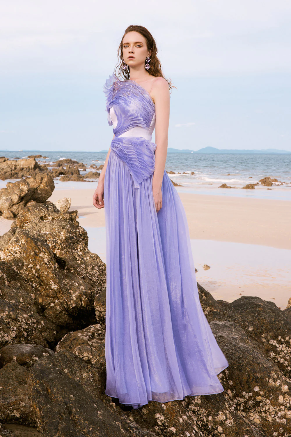 Vivian Gathered Illusion Neck Silk Satin Floor Length Dress