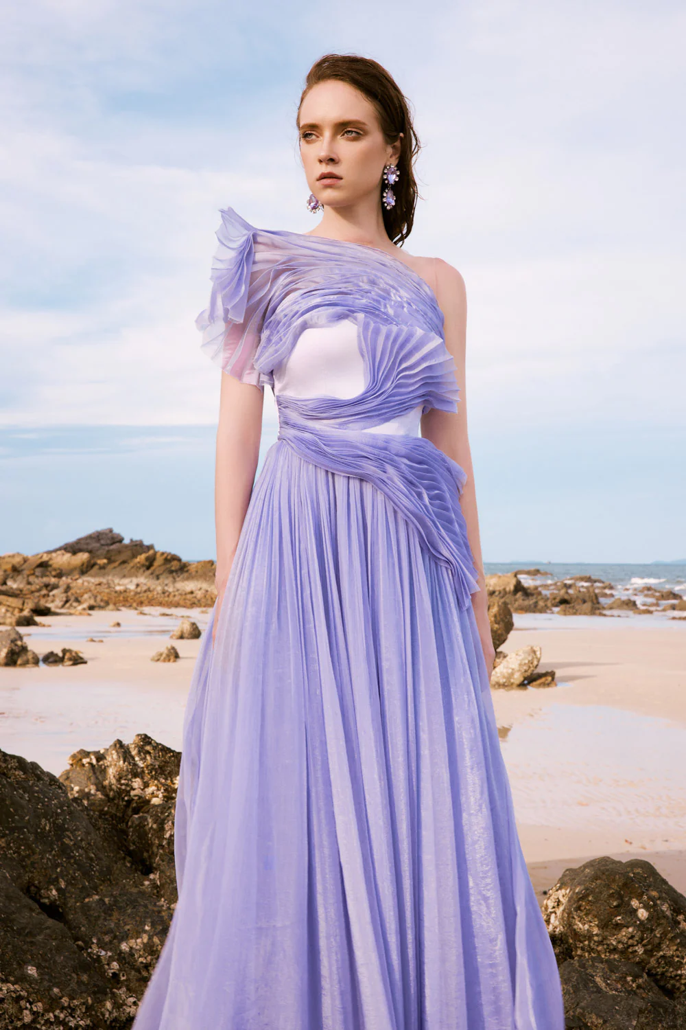 Vivian Gathered Illusion Neck Silk Satin Floor Length Dress