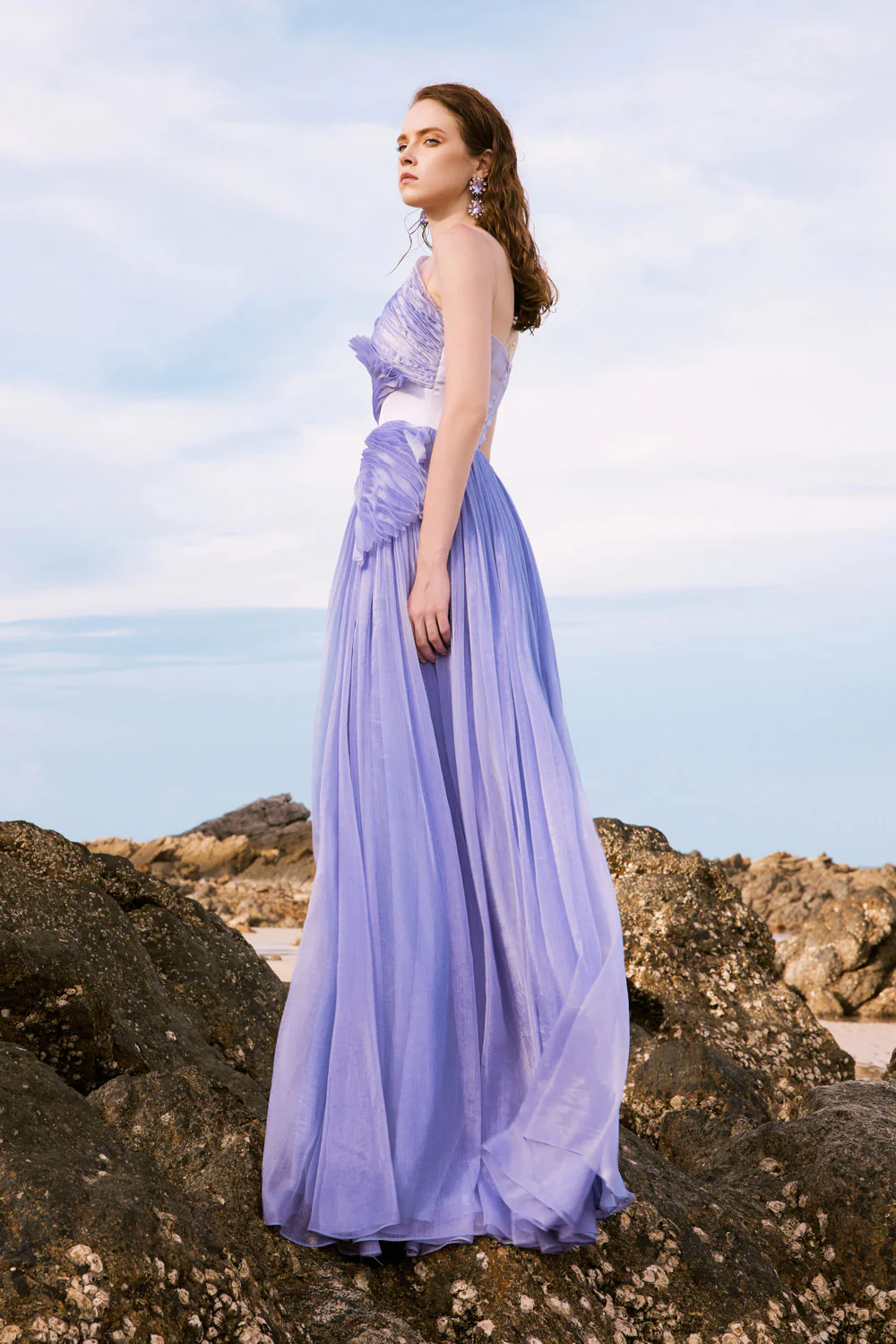 Vivian Gathered Illusion Neck Silk Satin Floor Length Dress