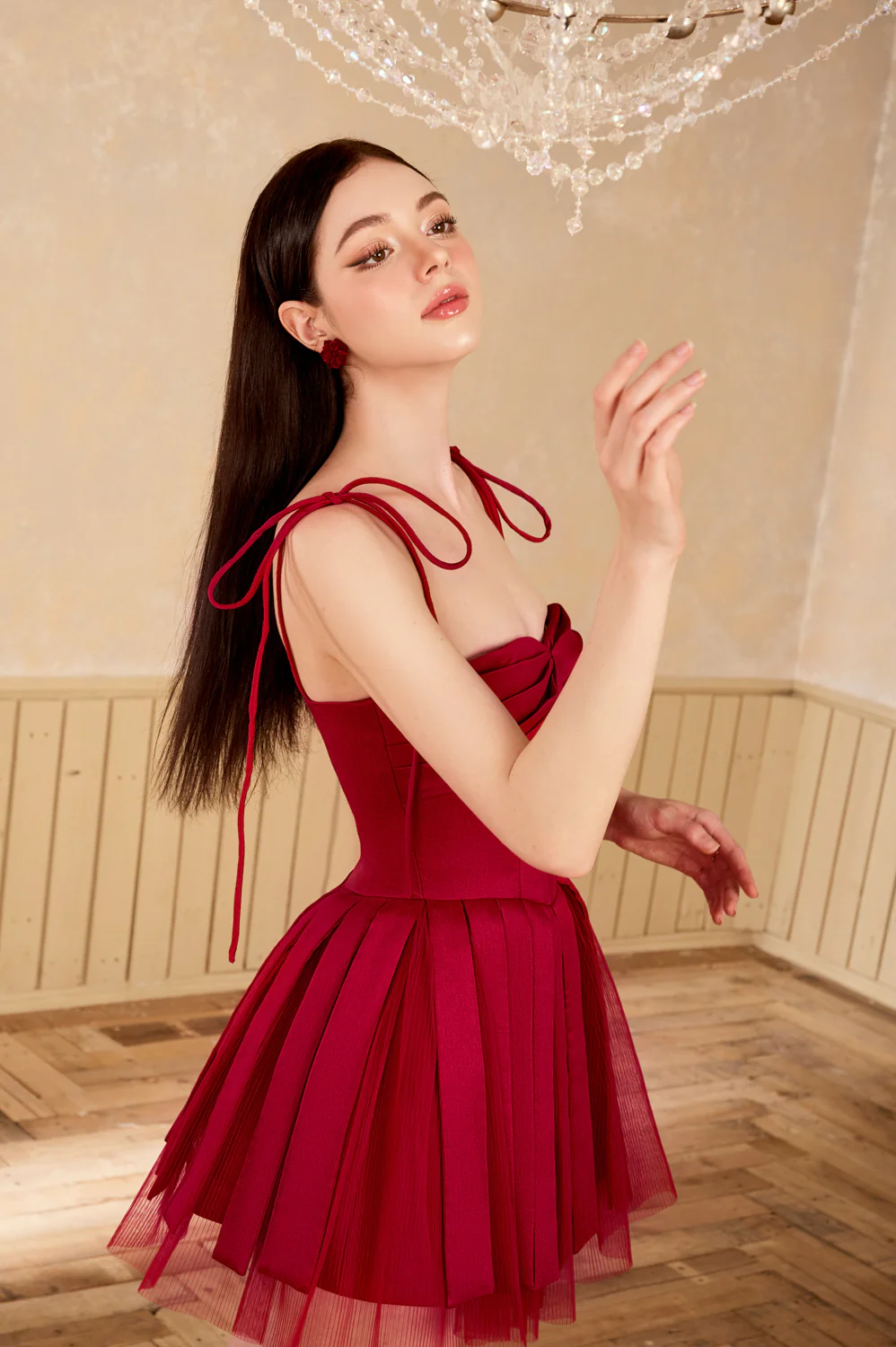 Midnight Fit and Flare Pleated Mesh Taffeta Mini Dress