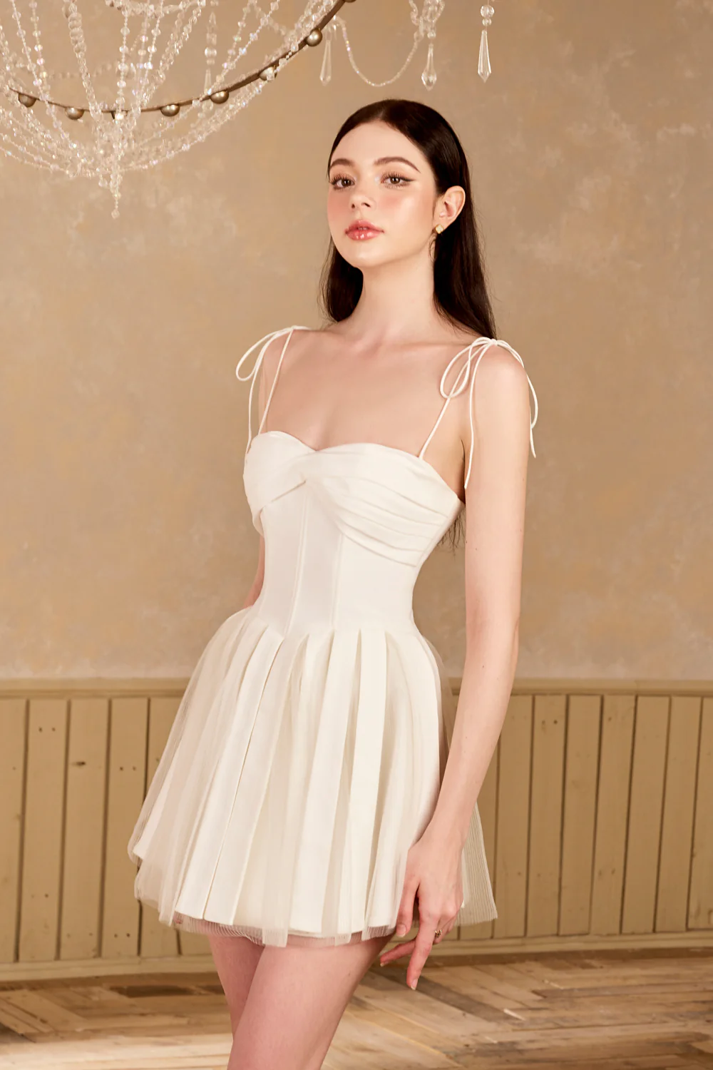 Midnight Fit and Flare Pleated Mesh Taffeta Mini Dress