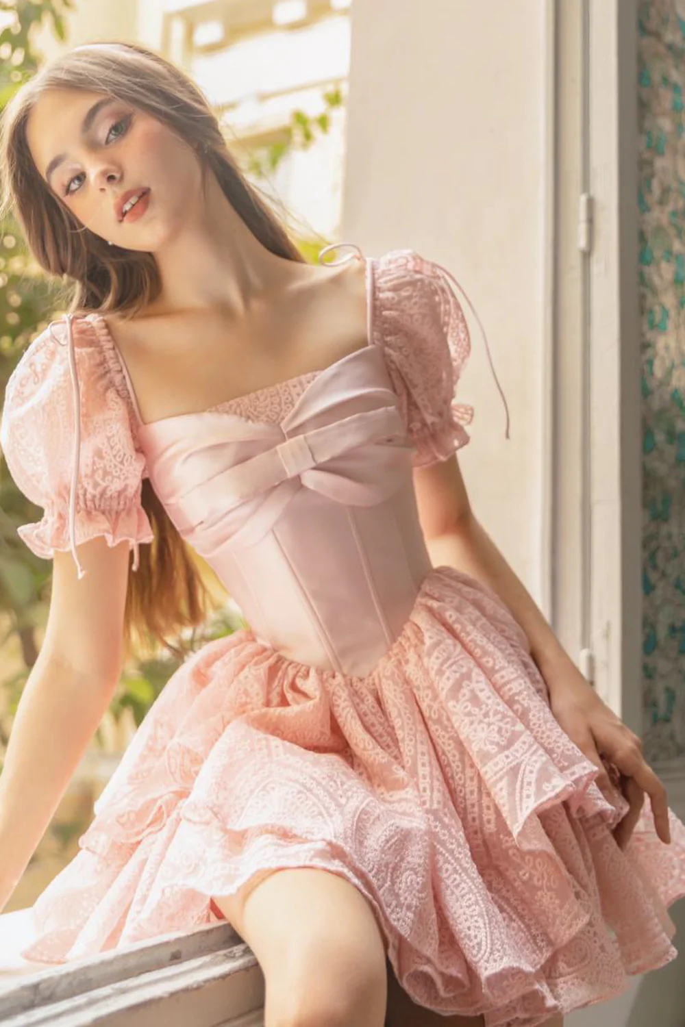 Ruby Layered Puffy Sleeved Silk Lace Mini Dress