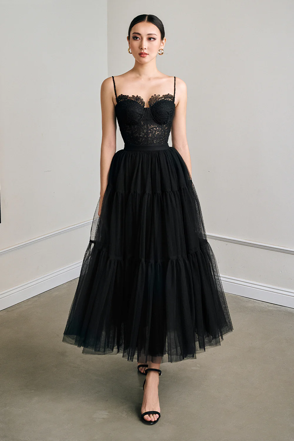 Tullie Tiered Elastic Waist Mesh Silk Midi Skirt