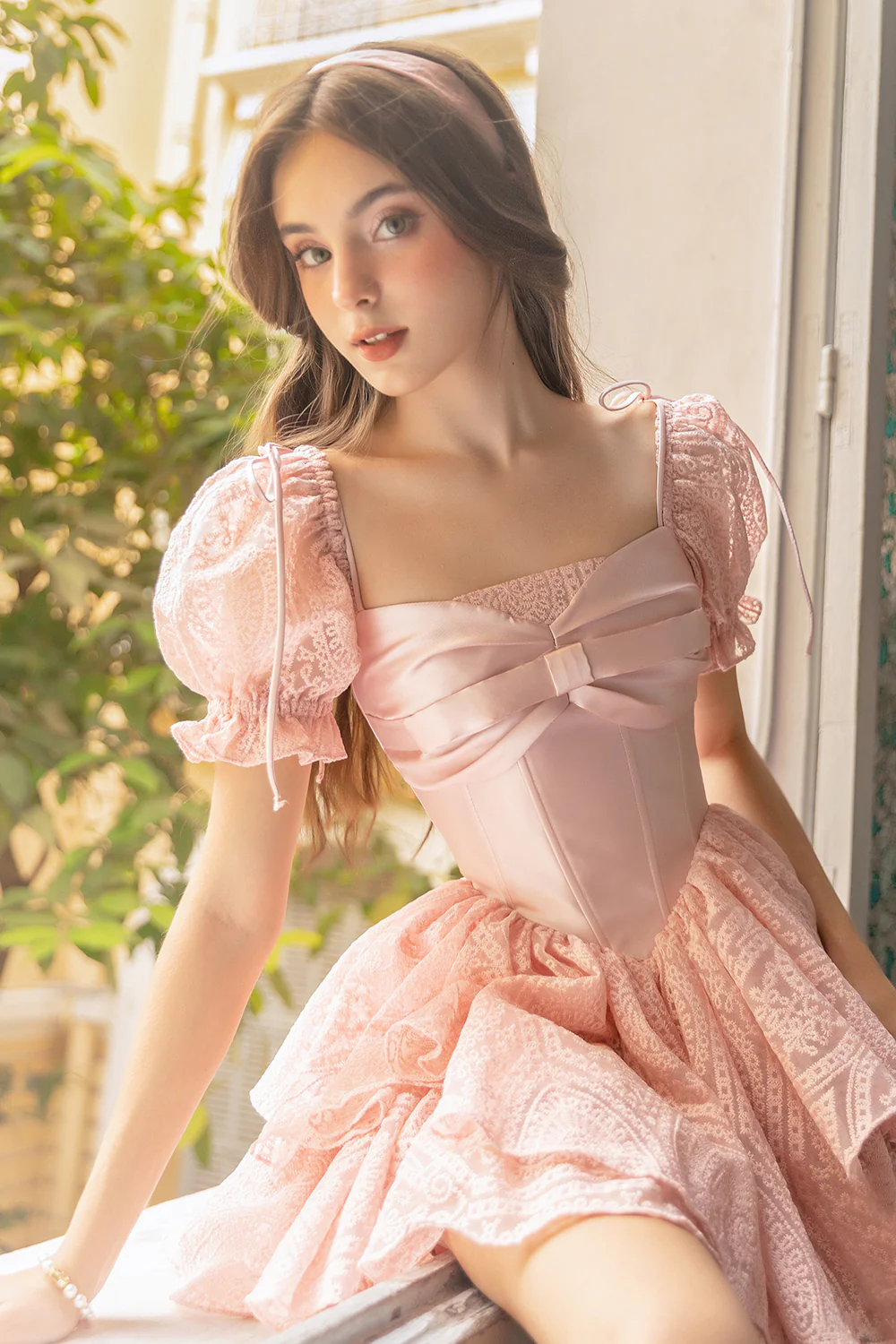 Ruby Layered Puffy Sleeved Silk Lace Mini Dress