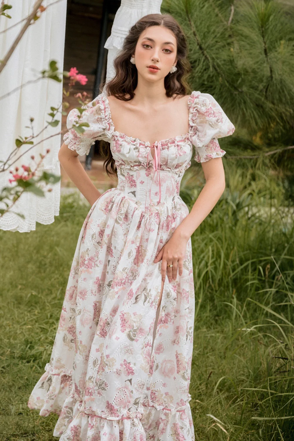 Miranda Slit Bow Tie Cotton Silk Maxi Dress