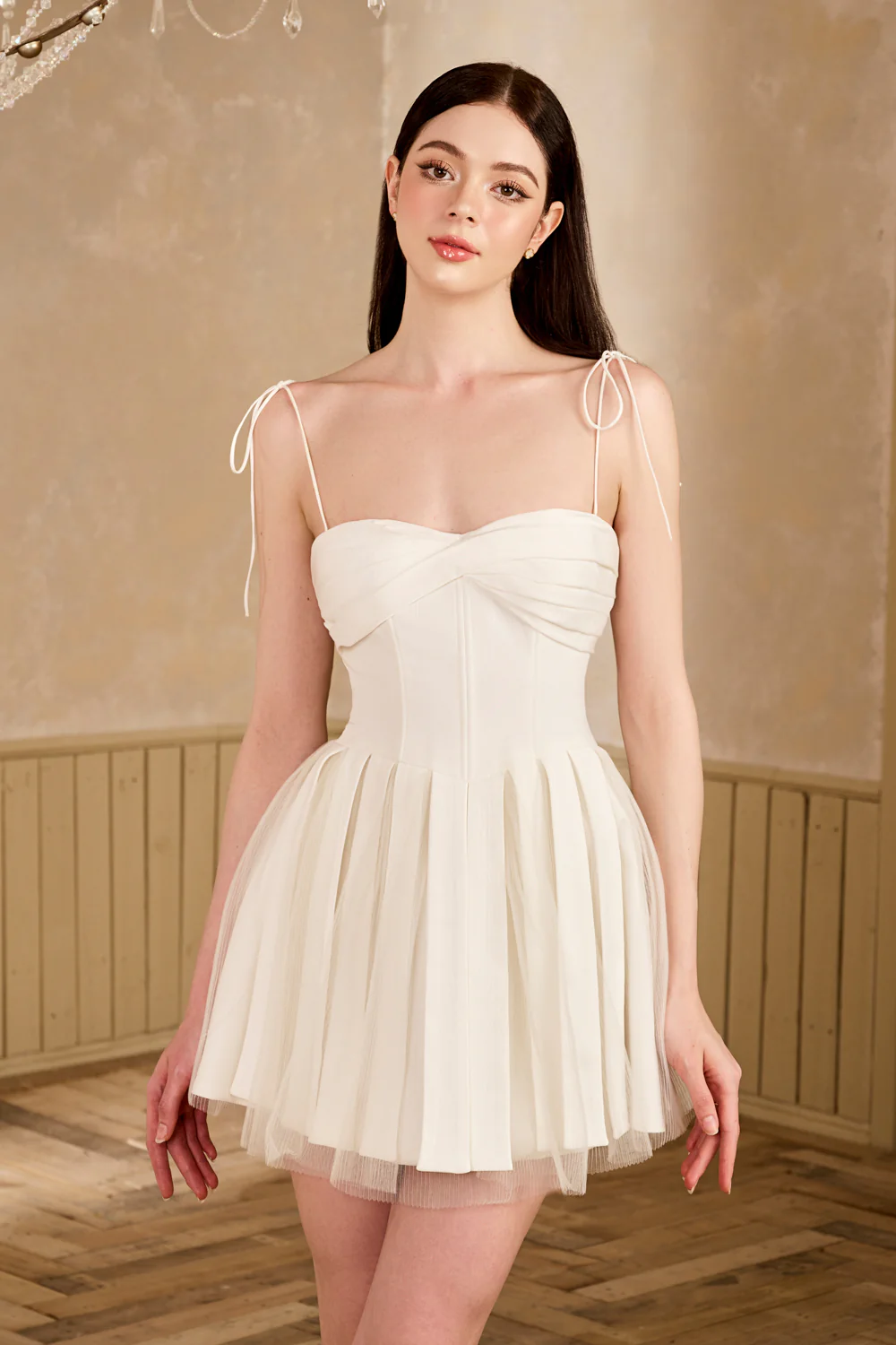 Midnight Fit and Flare Pleated Mesh Taffeta Mini Dress