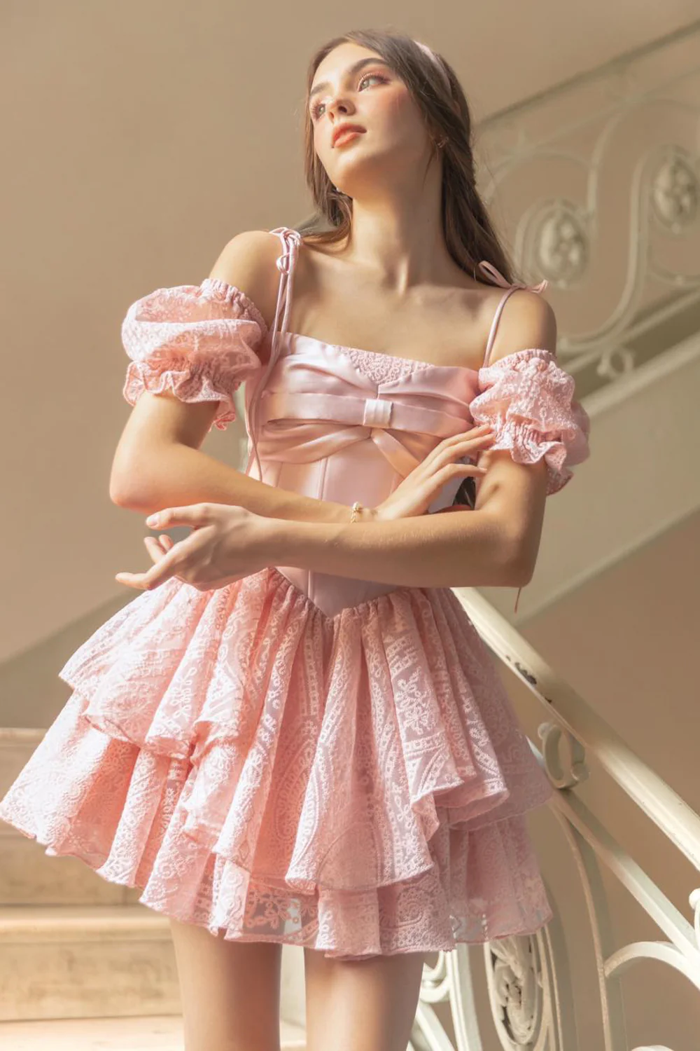 Ruby Layered Puffy Sleeved Silk Lace Mini Dress