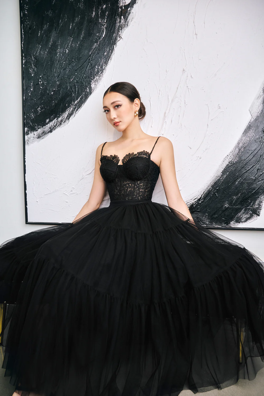 Tullie Tiered Elastic Waist Mesh Silk Midi Skirt