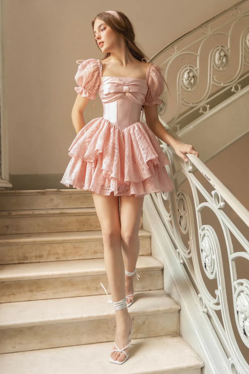 Ruby Layered Puffy Sleeved Silk Lace Mini Dress