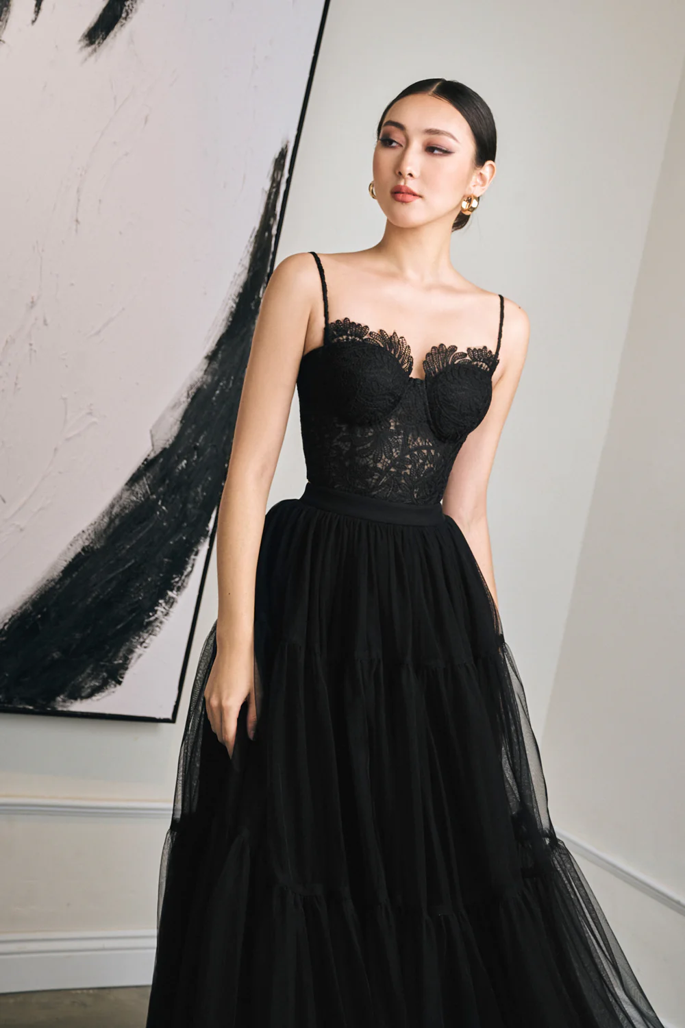 Tullie Tiered Elastic Waist Mesh Silk Midi Skirt