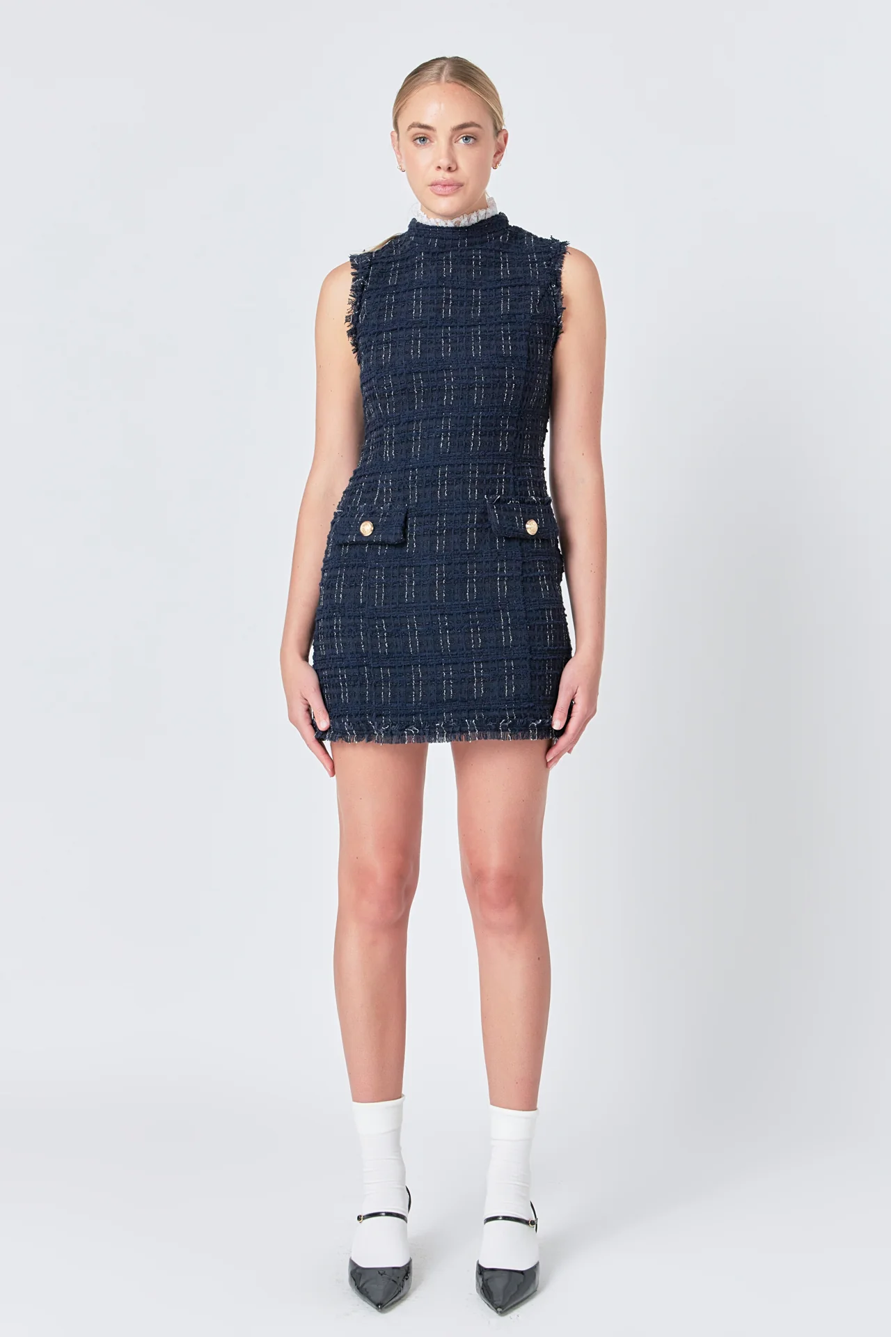 Lace Detail Tweed Mini Dress