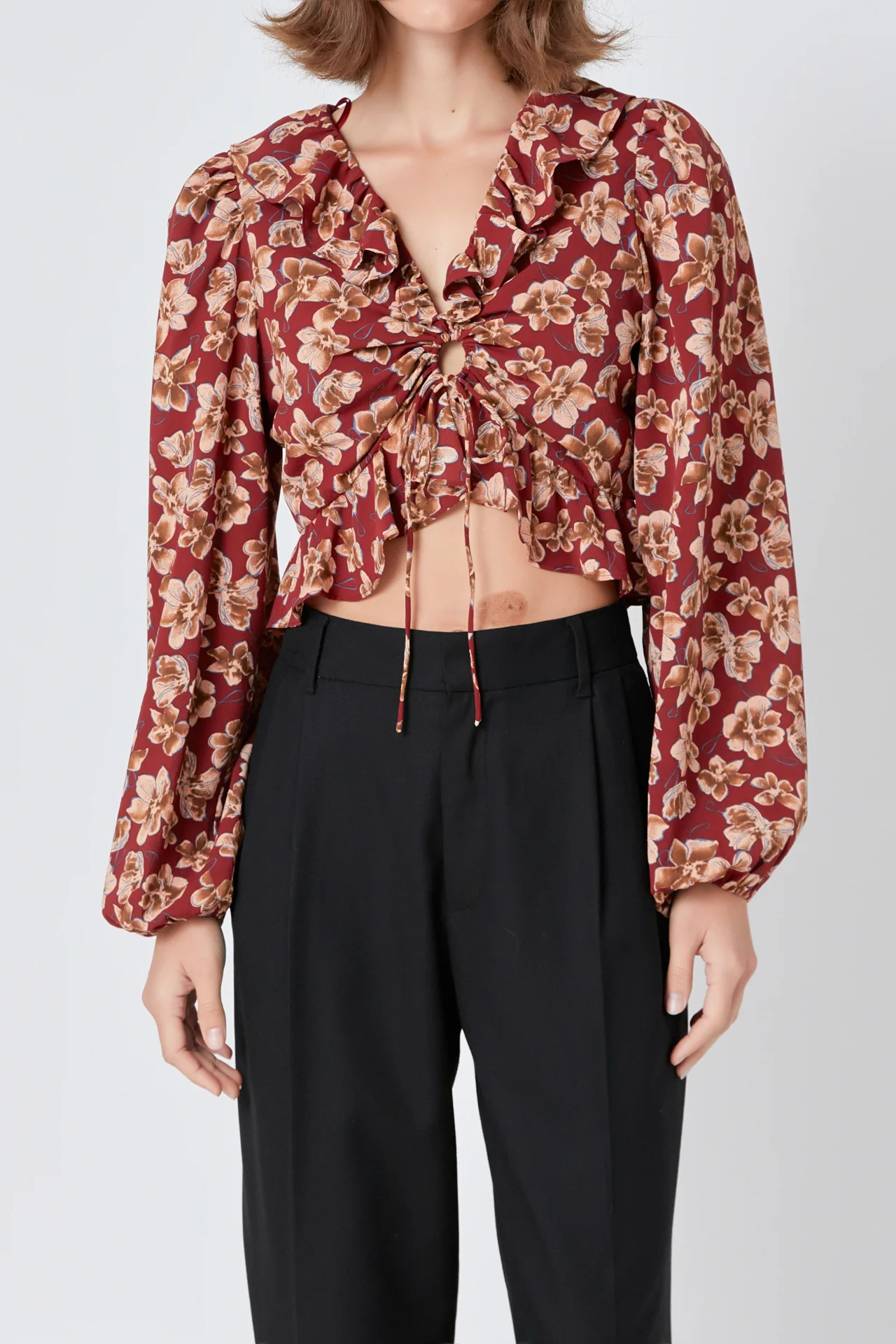 Crinkled Floral Center Cutout Blouse