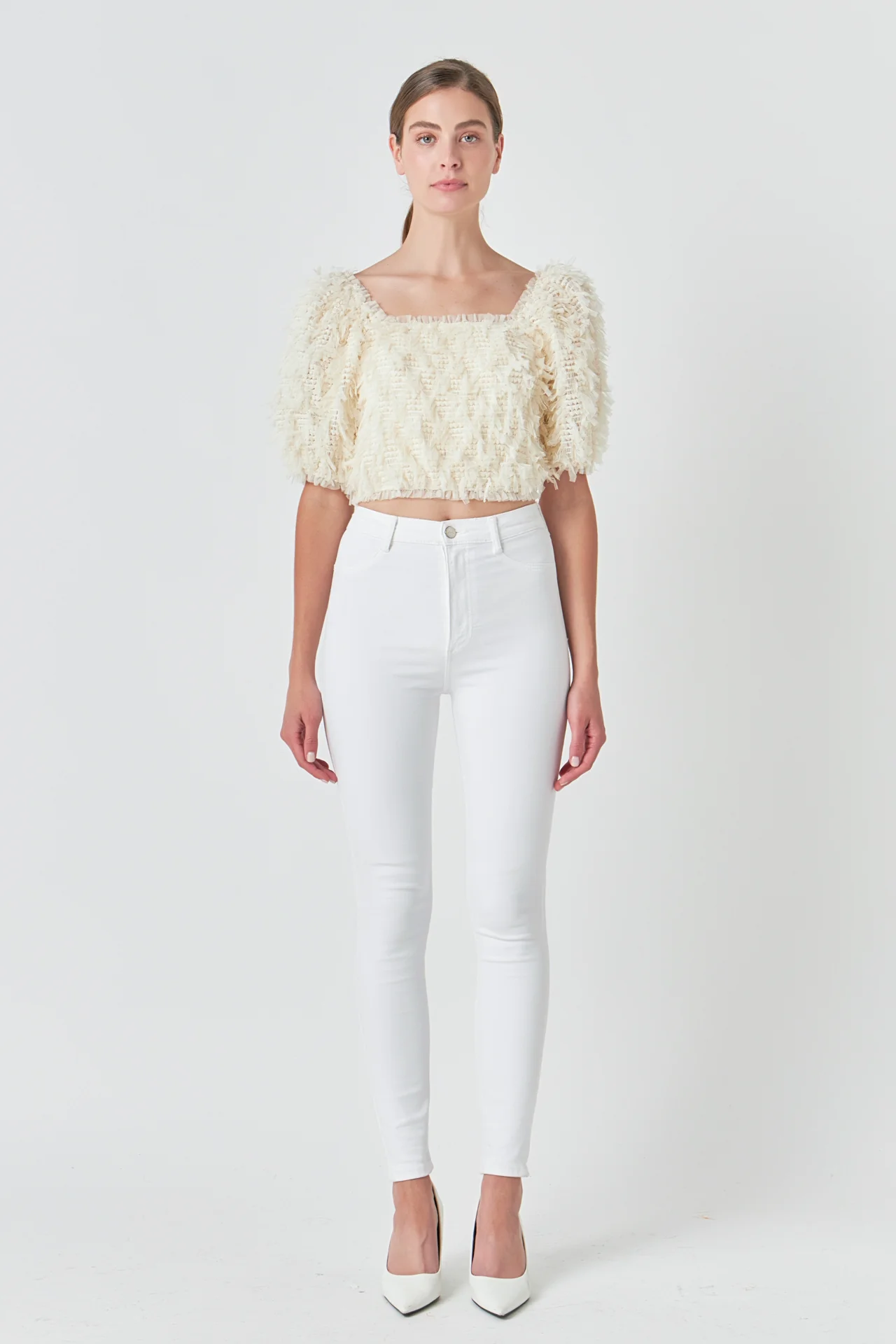 Mesh Trimmed Puff Sleeve Top