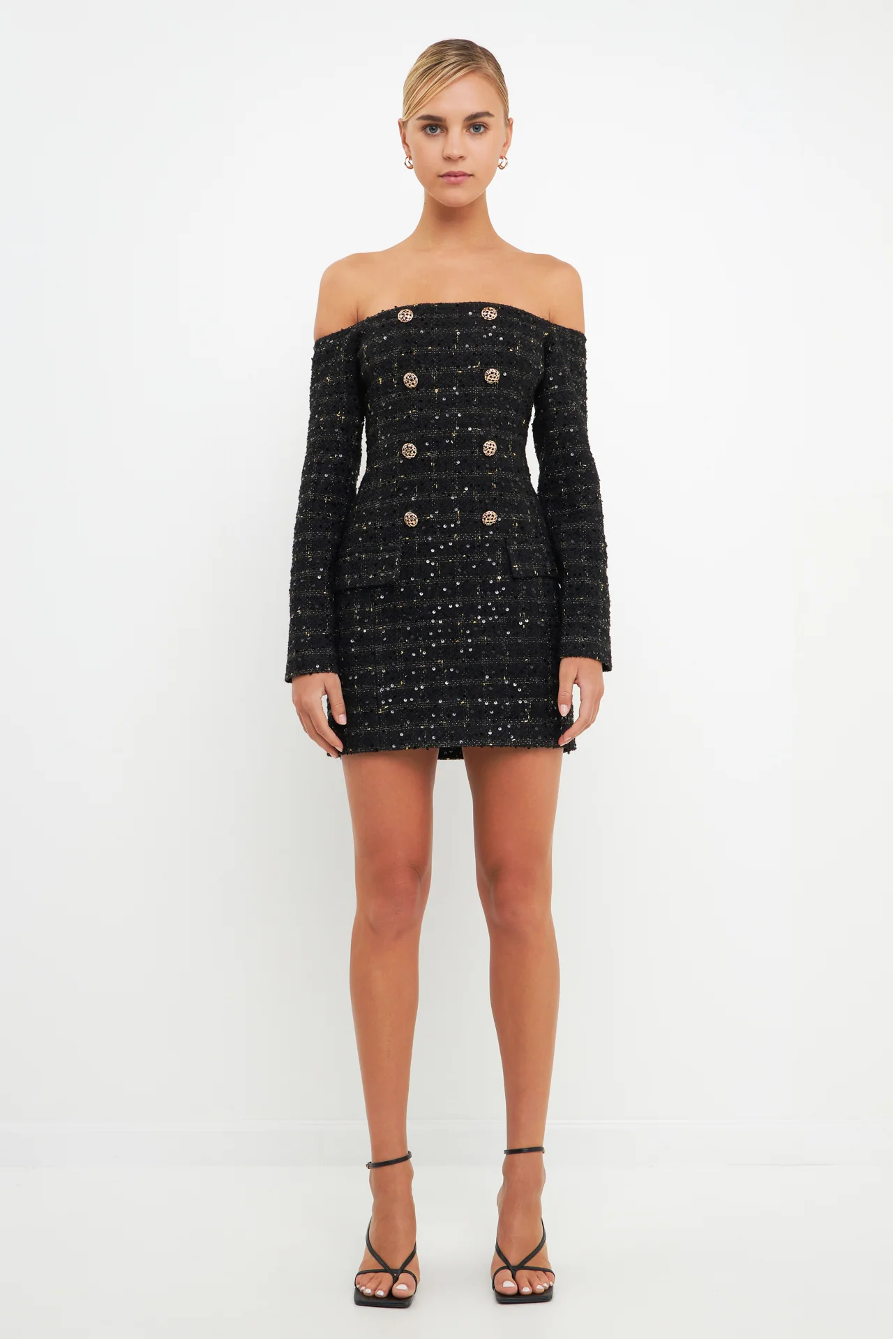 Off-The-Shoulder Tweed Mini Dress