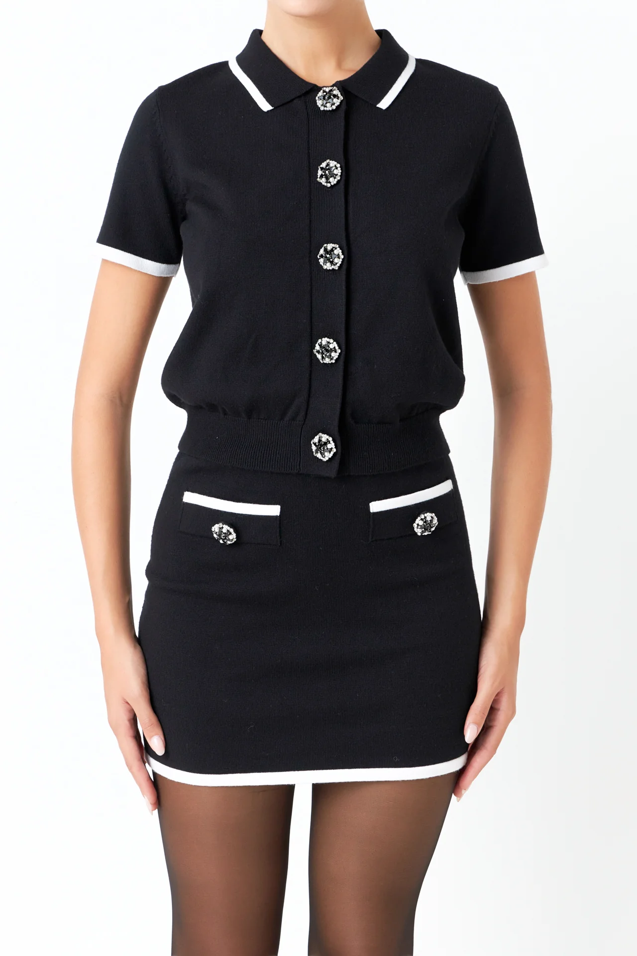 Jewel Button Knit Collared Top