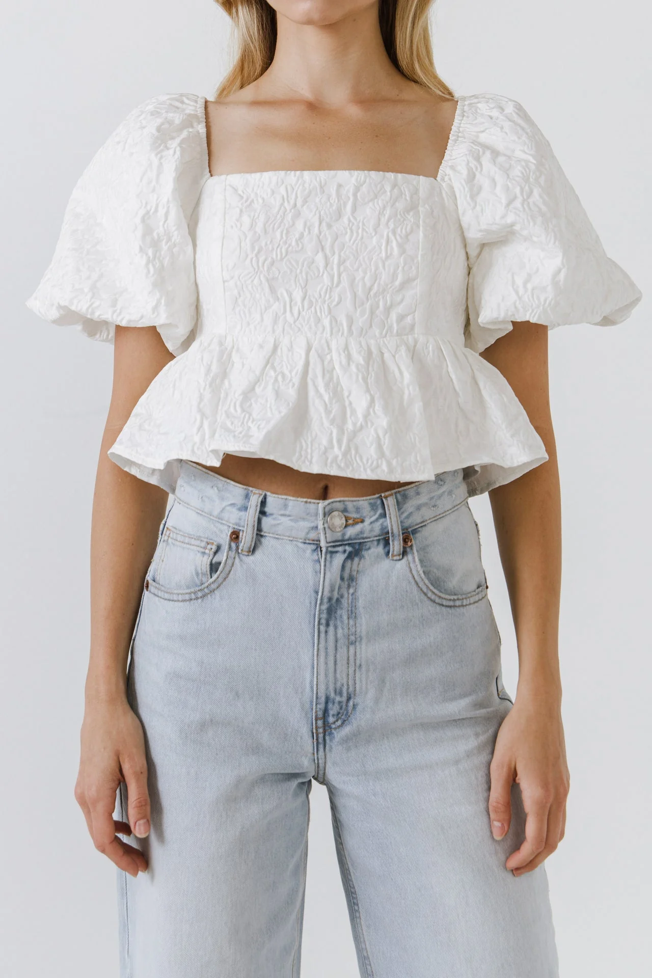 Square Neck Puff Sleeve Jacquard Top