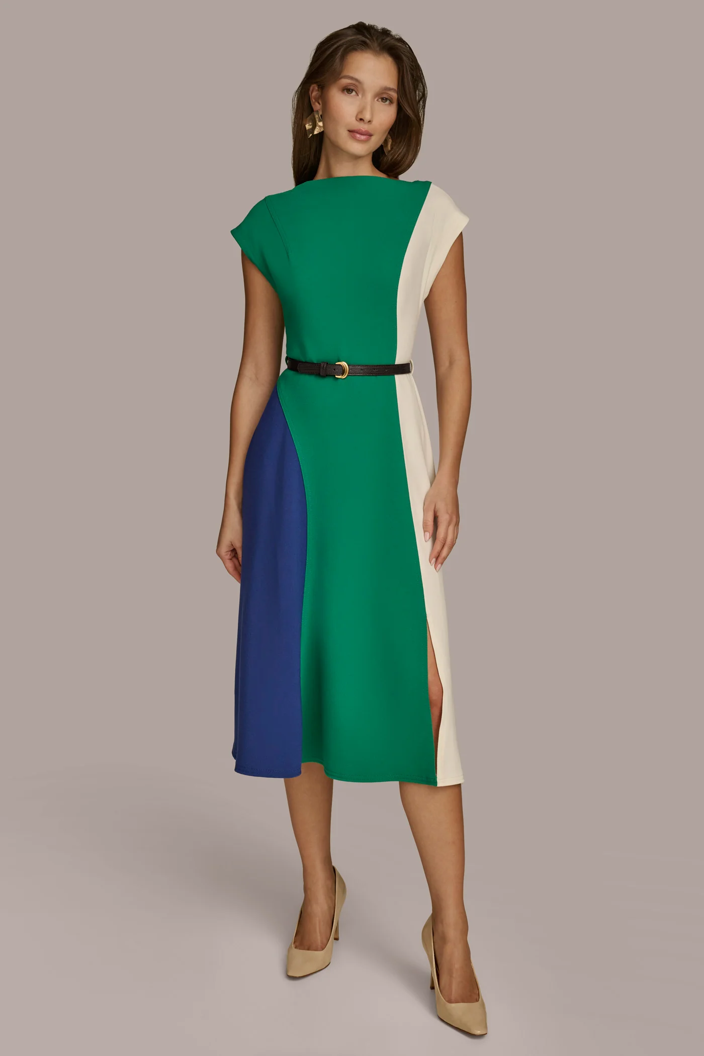 BELTED COLORBLOCK A LINE MIDI DRESS