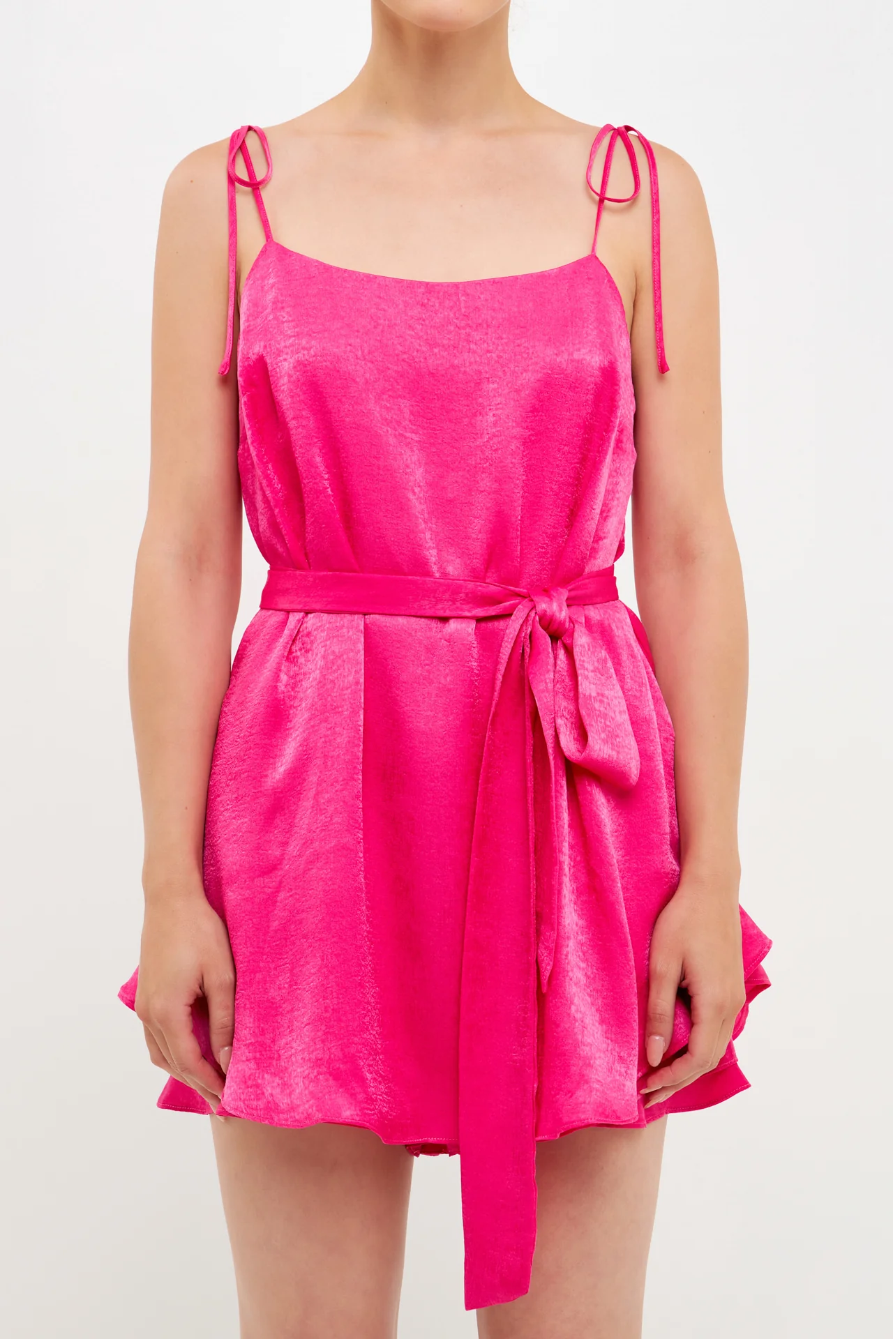 Spaghetti Tie Belted Romper Dress