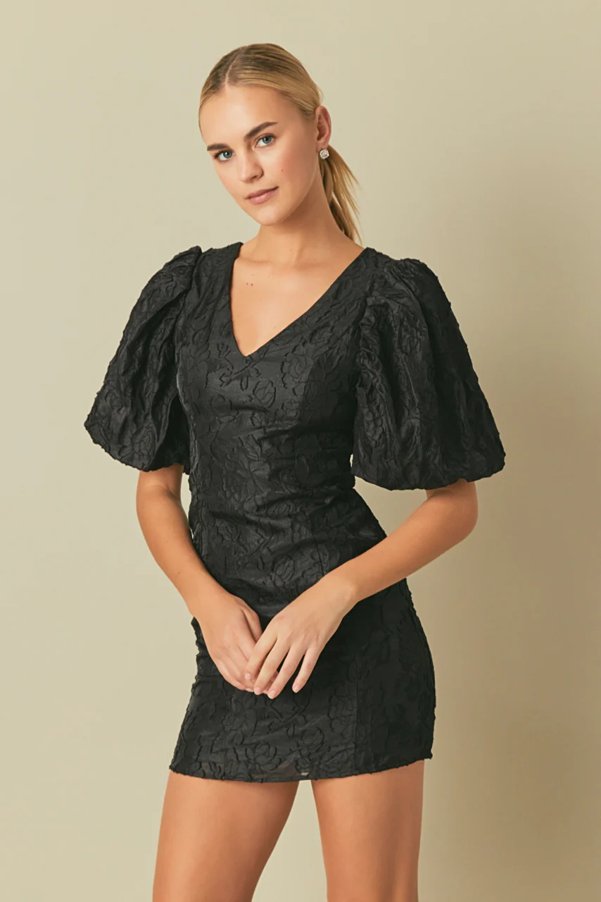 Floral Jacquard Puff Sleeve Mini Dress