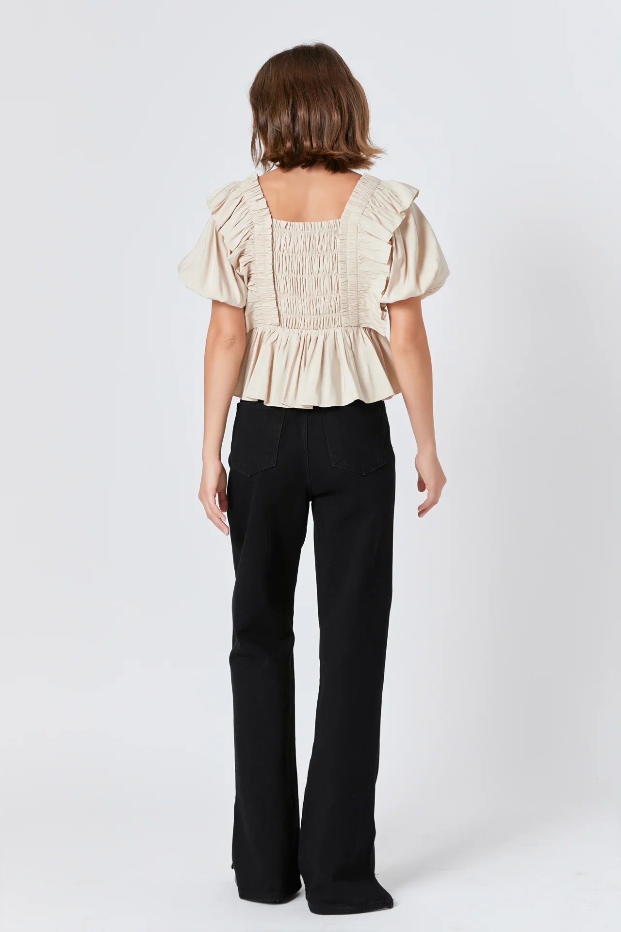 Smocked Puff Sleeve Peplum Crop Top