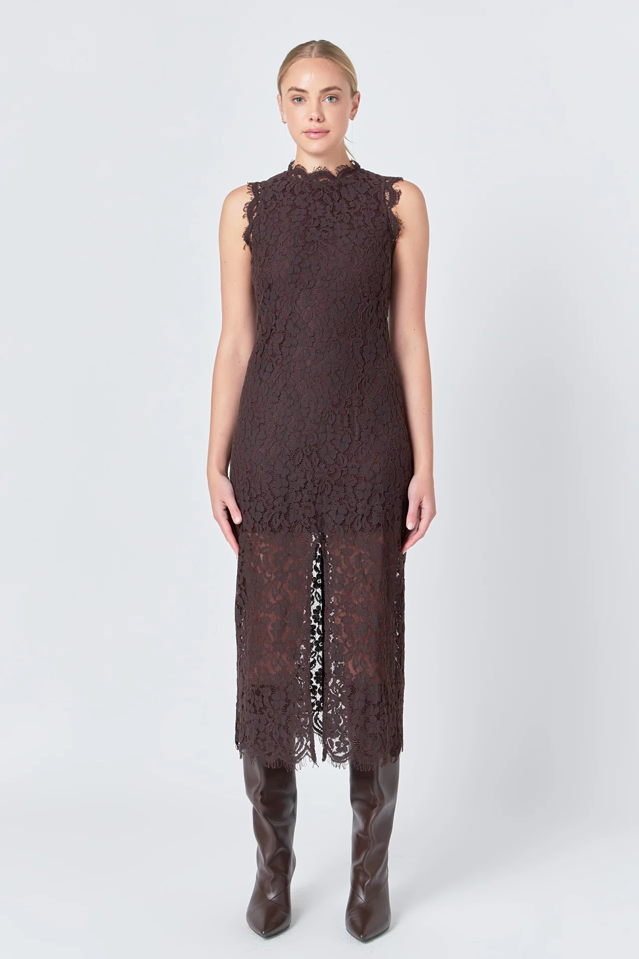 Front Slit Sleeveless Lace Maxi Dress