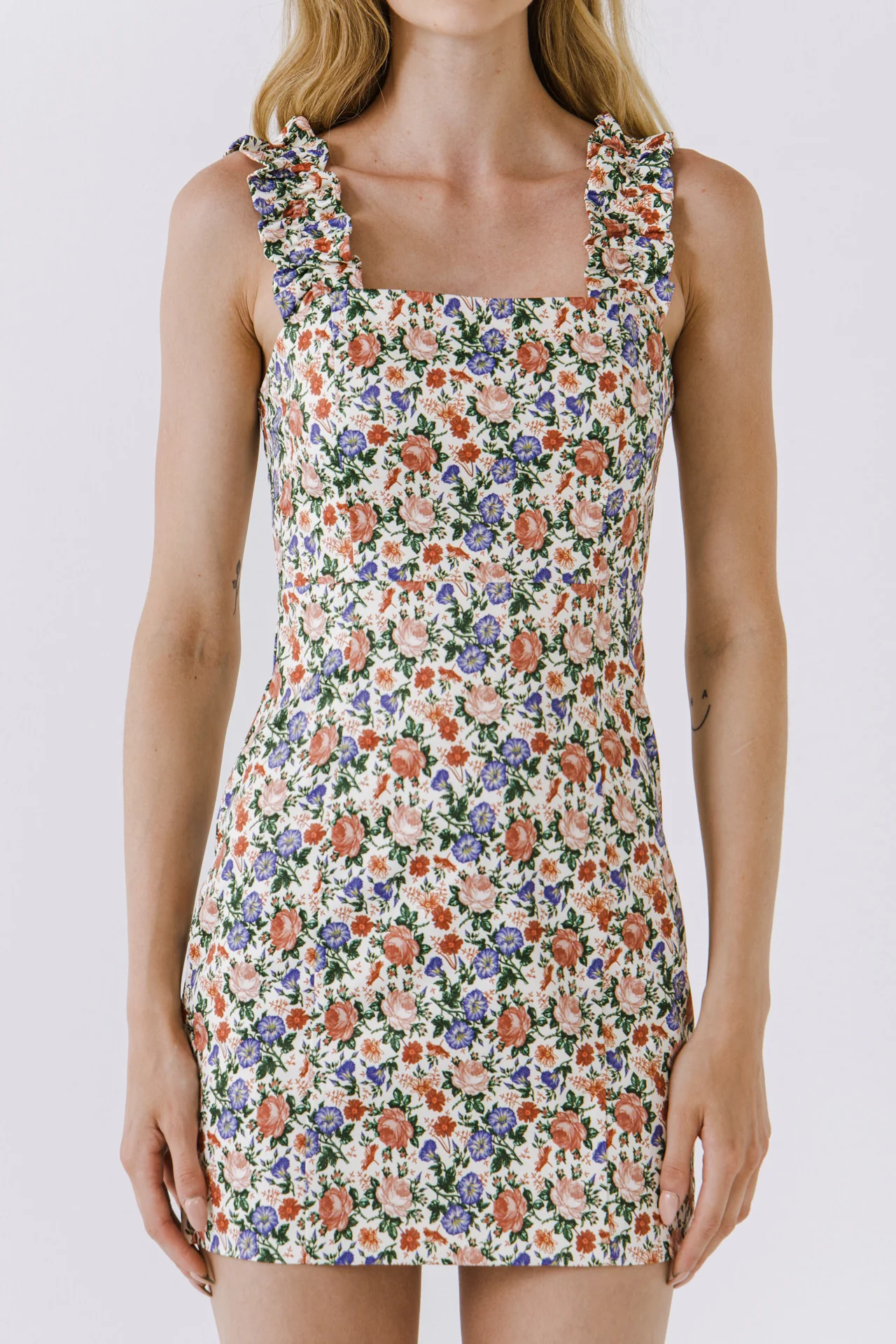 Multi Floral Mini Dress with Ruffled Straps