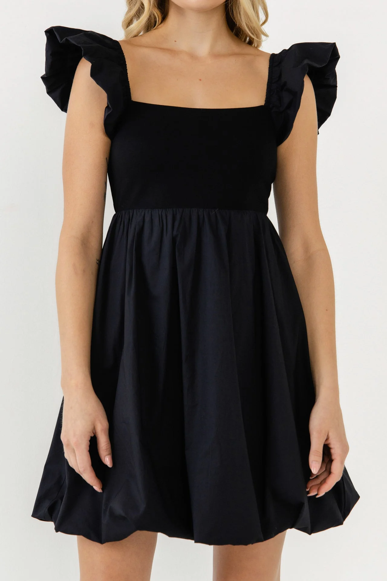 Mix Media Balloon Detail Mini Dress