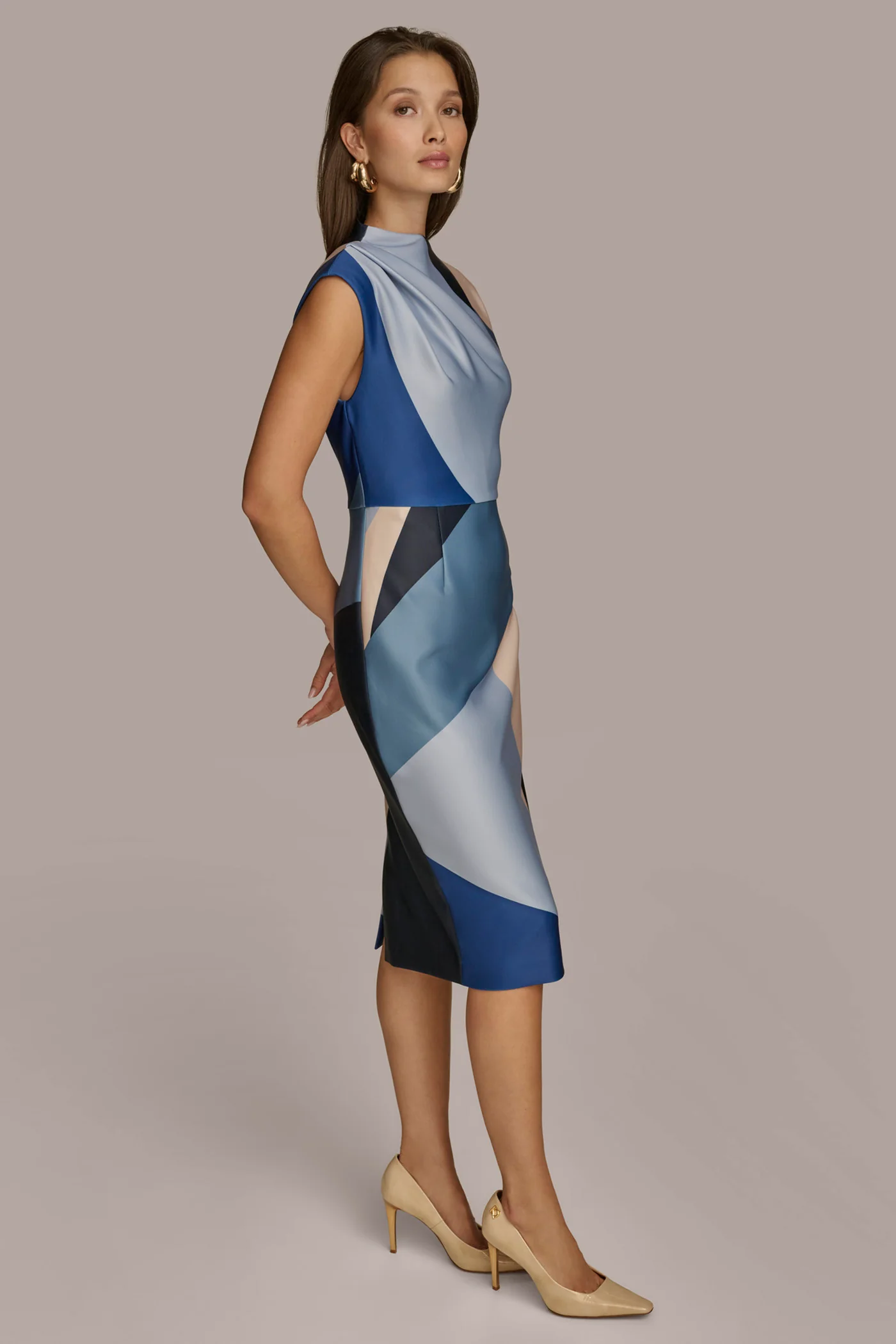 ASYMMETRICAL NECK GEOMETRIC MIDI DRESS