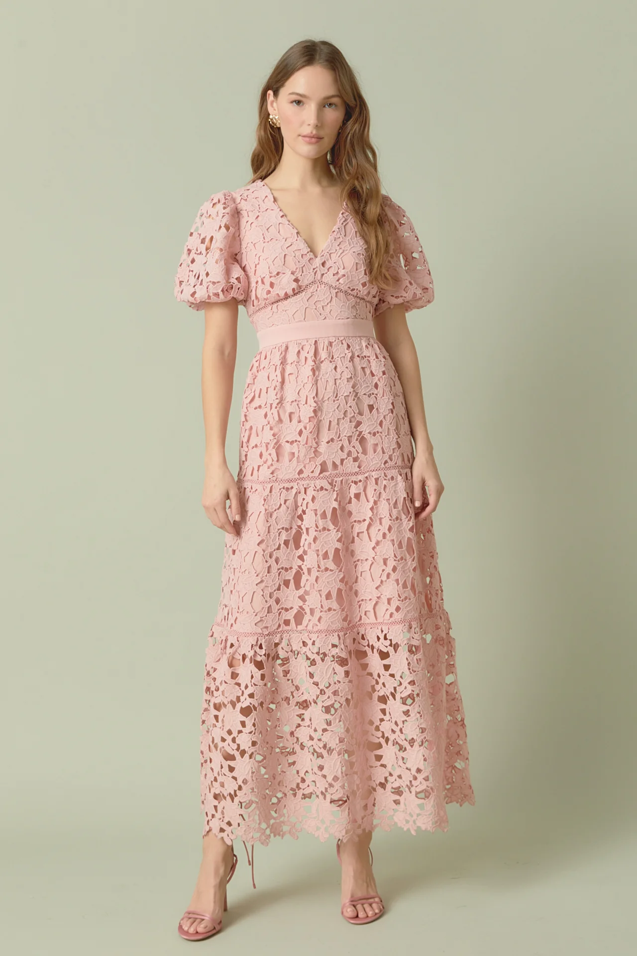 Puff Sleeve Lace Tiered Maxi Dress