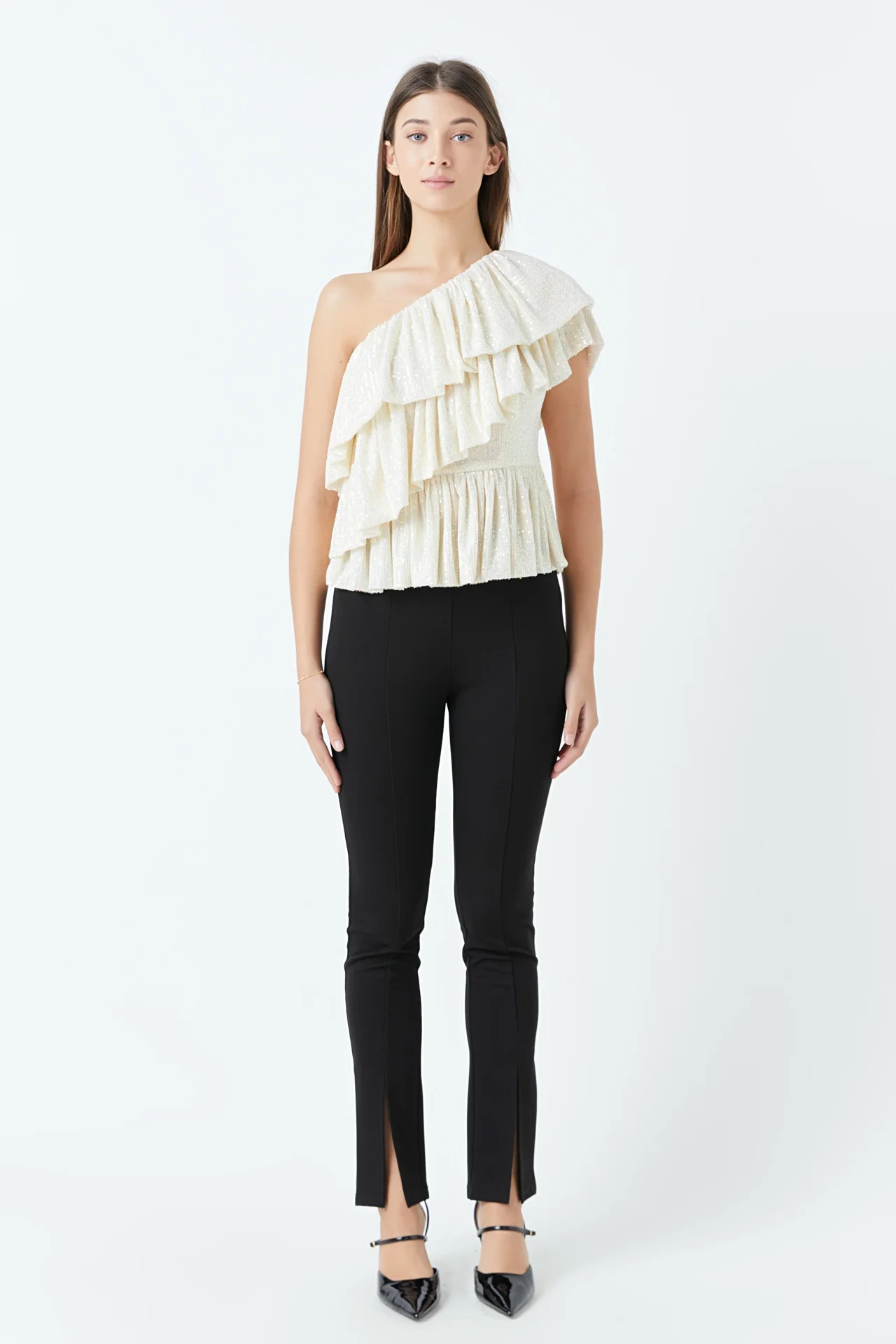 Sequins One Shoulder Ruffle Top