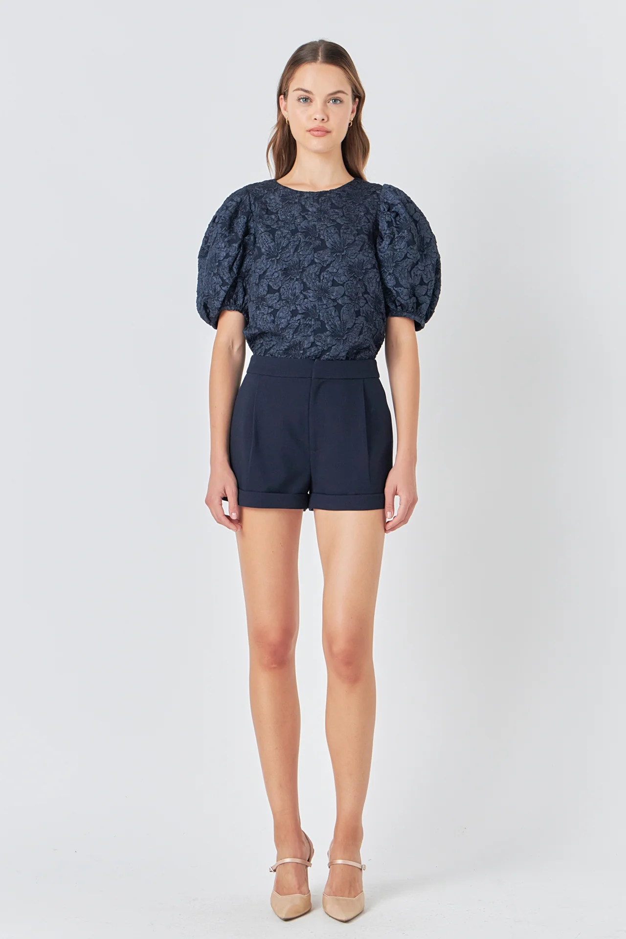 Floral Jacquard Puff Sleeve Top