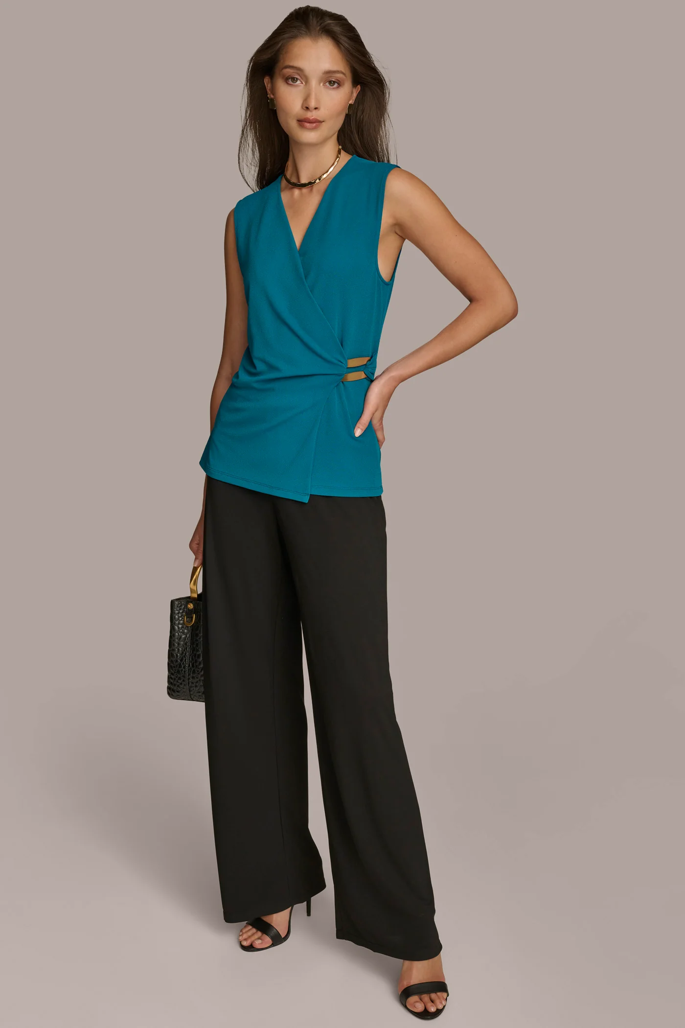 FAUX WRAP TOP WITH BRUSHED HARDWARE DETAIL